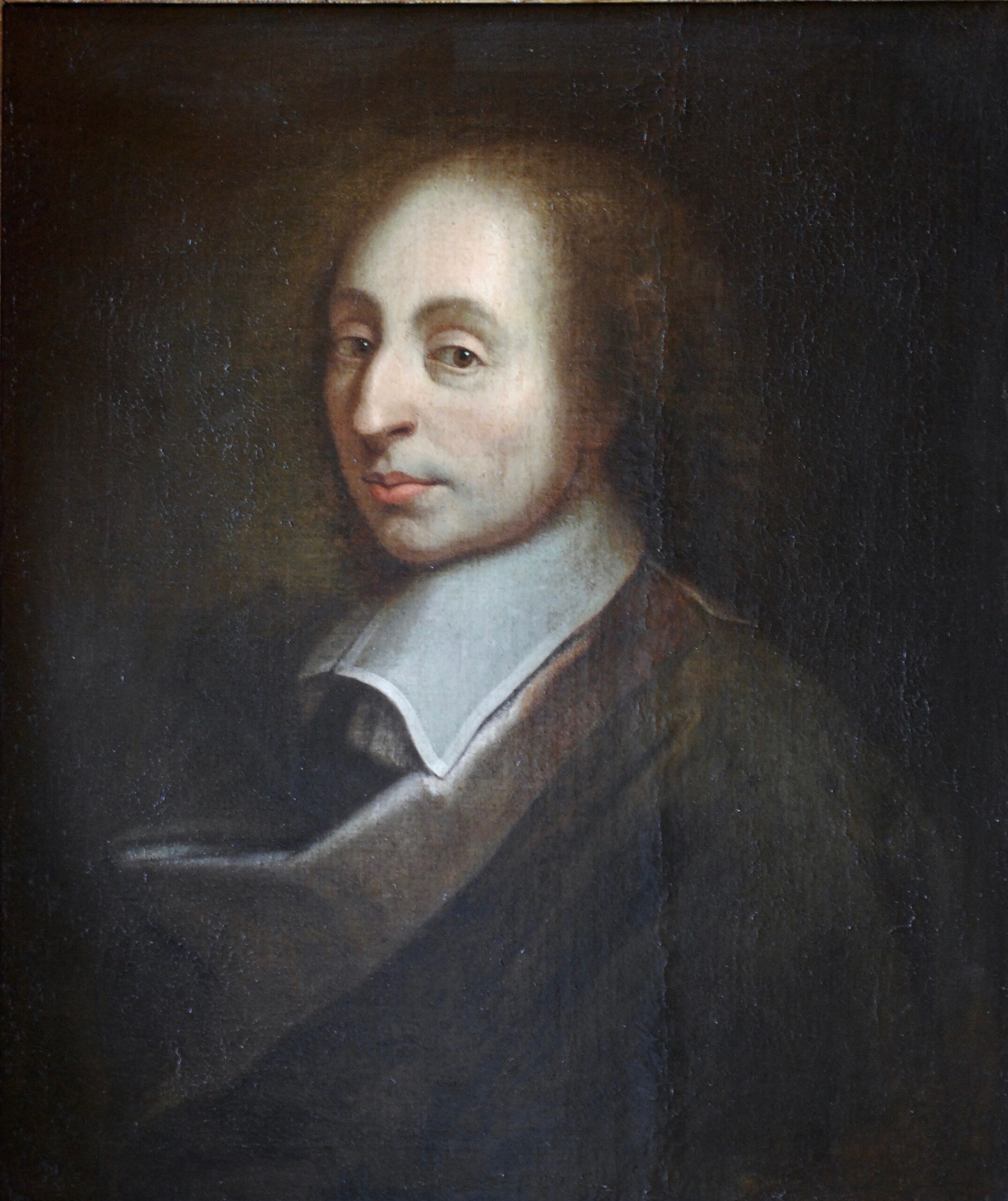 Retrato de Blaise Pascal (1623–1662), matemático, físico e filósofo francês do século XVII, com feições jovens e olhar agudo, vestindo colarinho branco típico do período, foto em preto e branco baseada em pintura histórica