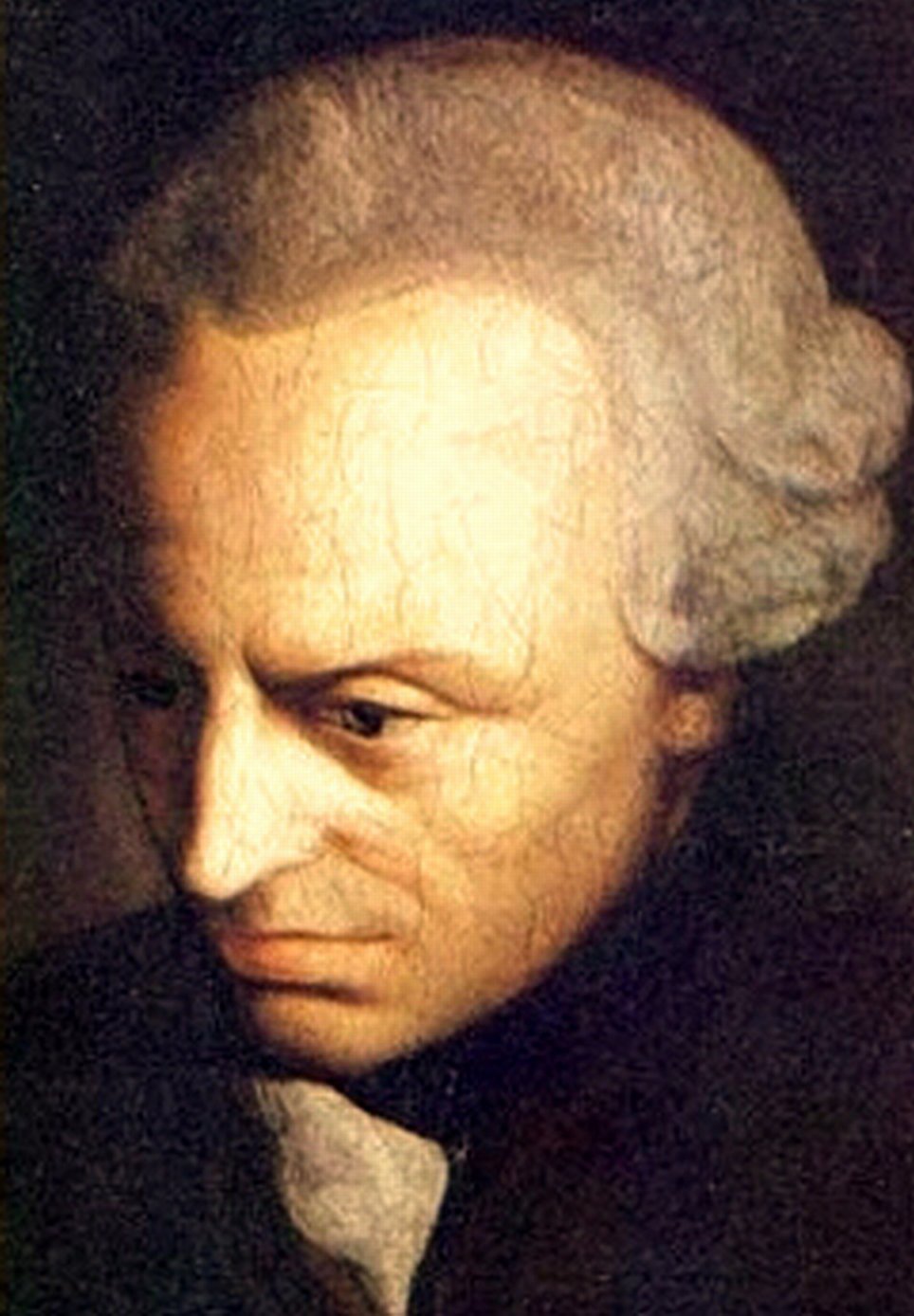 Retrato de Immanuel Kant (1724–1804), filósofo alemão fundador do pensamento crítico moderno, com expressão séria e contemplativa, vestindo roupa formal do século XVIII, foto em preto e branco