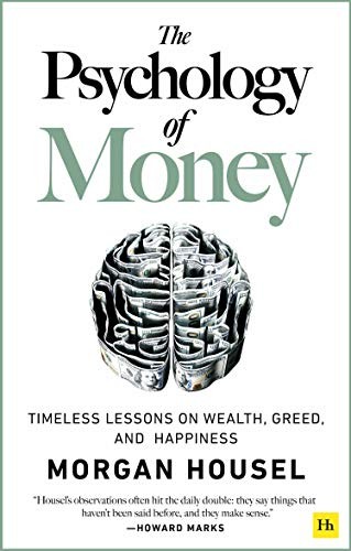 Capa do livro A Psicologia Financeira de Morgan Housel, com fundo azul escuro e título em letras brancas destacadas, subtítulo lições atemporais sobre fortuna ganância e felicidade