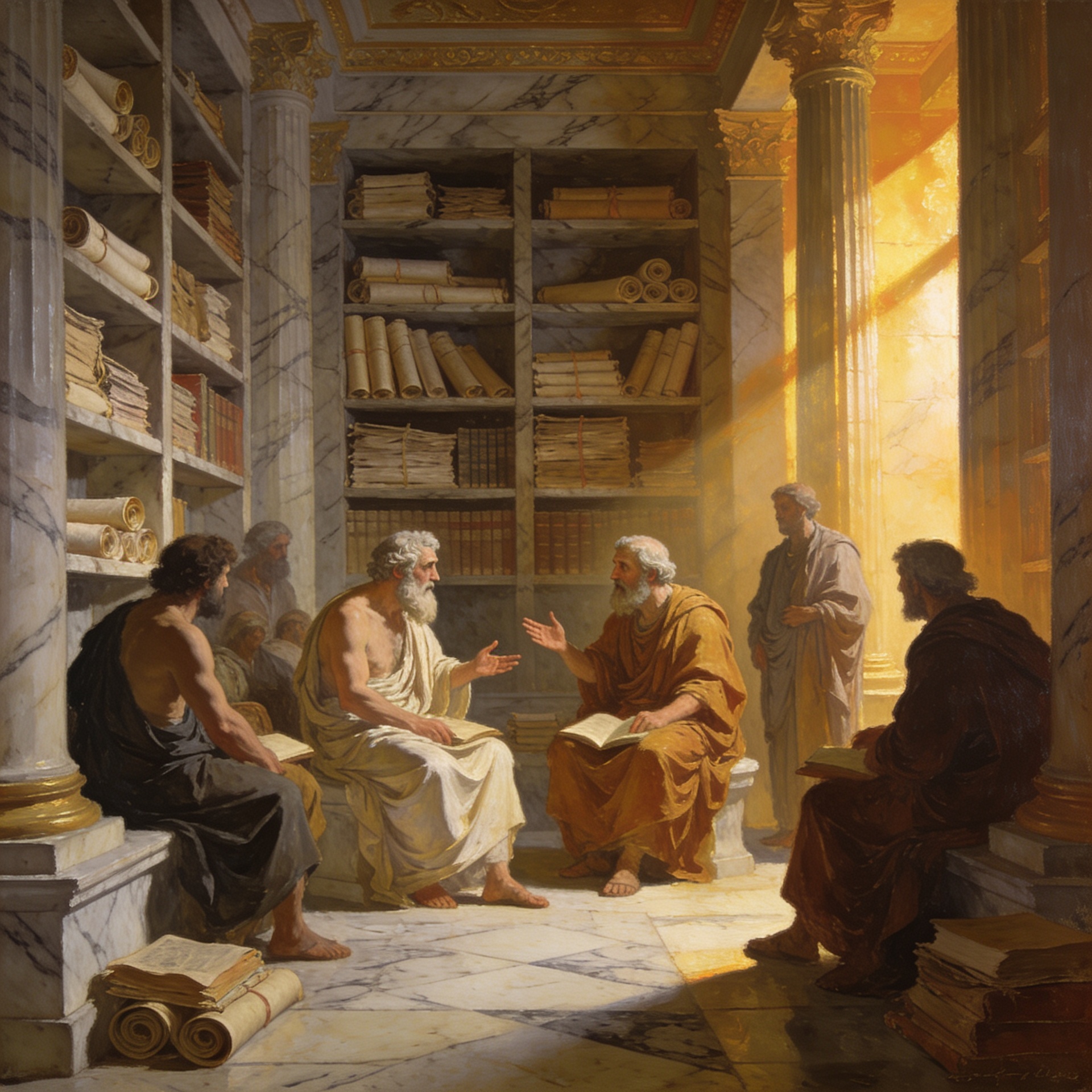 Ilustração editorial mostrando filósofos gregos reunidos em debate animado numa biblioteca clássica com colunas de mármore e luz dourada, representando a convergência entre o pensamento filosófico grego e a sabedoria contida nas escrituras bíblicas