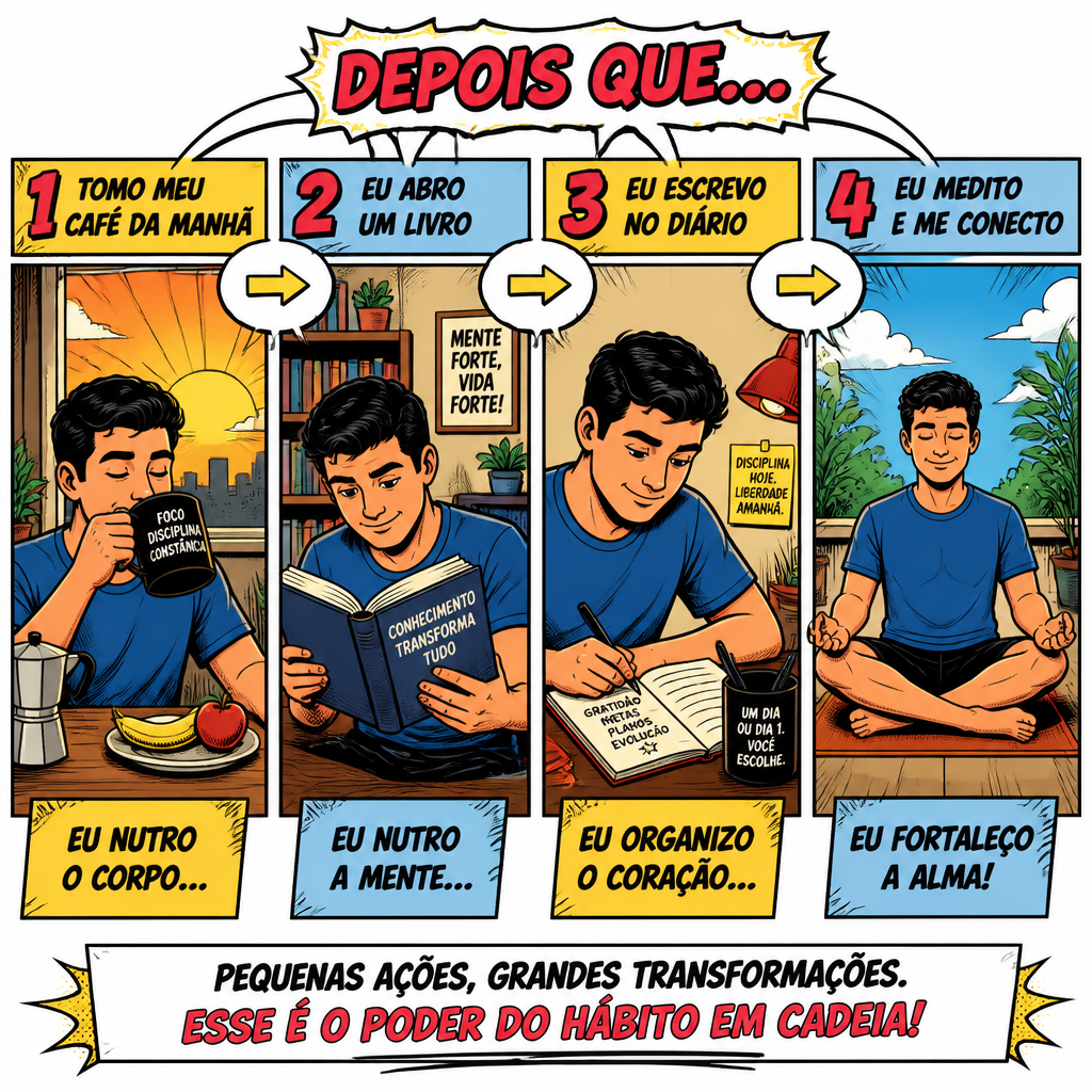 Ilustração em estilo gibi colorido demonstrando o conceito de empilhamento de hábitos: uma pessoa realizando ações encadeadas em sequência lógica, mostrando como ancorar novos hábitos em rotinas já existentes para facilitar sua adoção
