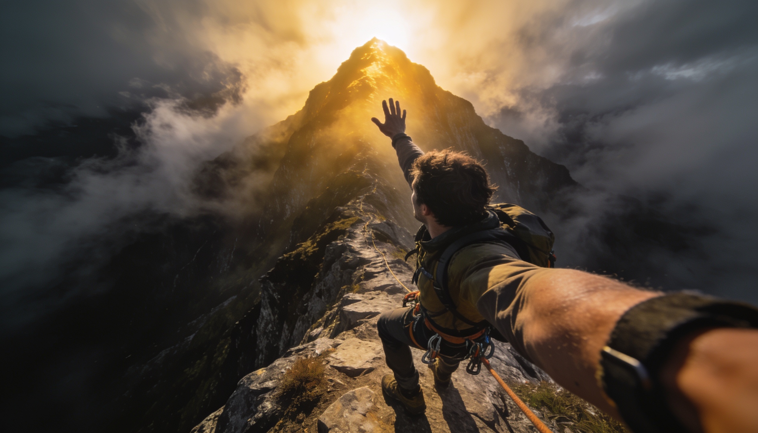 Ilustração de uma pessoa escalando determinada uma montanha íngreme com equipamento de escalada, representando a metáfora central do mindset de crescimento: encarar desafios difíceis não como ameaças mas como oportunidades de aprender e expandir as próprias capacidades