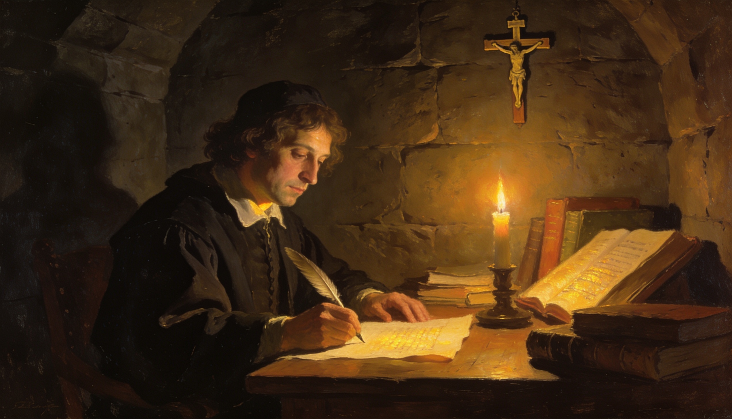 Ilustração de Blaise Pascal escrevendo à luz trêmula de uma vela num escritório escuro, com fragmentos de papel espalhados sobre a mesa onde nascem os Pensamentos — reflexões sobre fé, razão, o coração e a condição humana