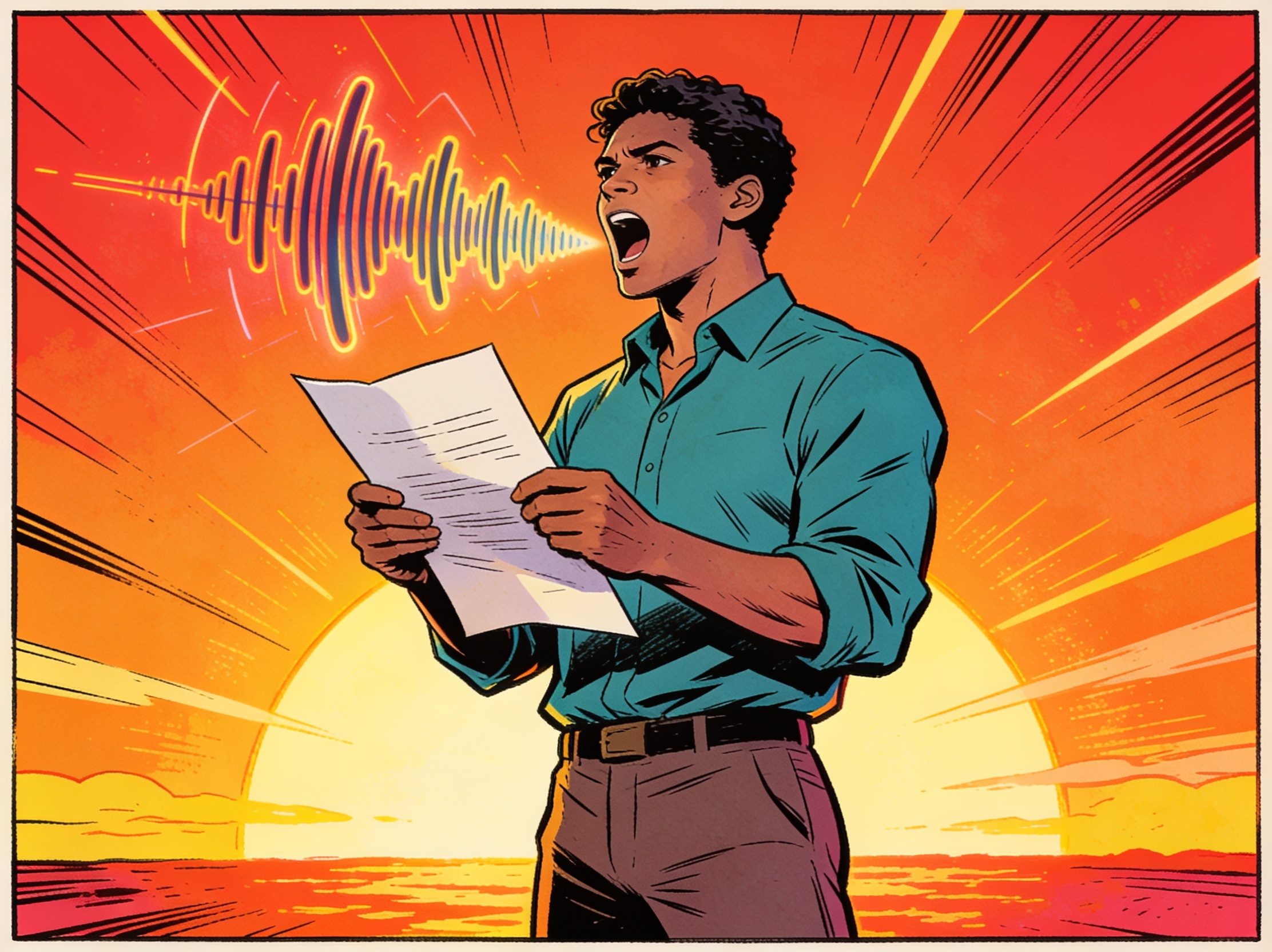 Ilustração em estilo gibi de uma pessoa de pé ao amanhecer lendo em voz alta um papel com energia e convicção, com raios de sol ao fundo, representando o Passo 2 de Napoleon Hill: afirmar o objetivo em voz alta duas vezes ao dia para programar a mente subconsciente