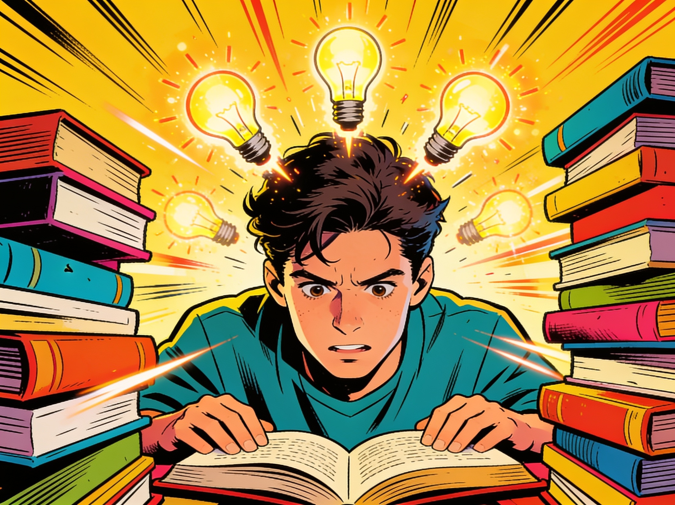Ilustração em estilo gibi de uma pessoa estudando com livros abertos e lâmpadas de ideias explodindo ao redor da cabeça em cores vibrantes, representando o Passo 3 de Napoleon Hill: adquirir conhecimento especializado na área do seu objetivo