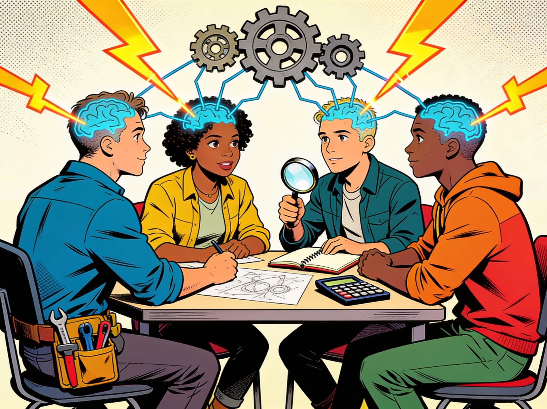 Ilustração em estilo gibi de quatro pessoas em círculo com linhas de conexão luminosas entre elas formando uma teia de inteligência coletiva, representando o Passo 4 de Napoleon Hill: formar um grupo Master Mind com pessoas que complementam seus talentos