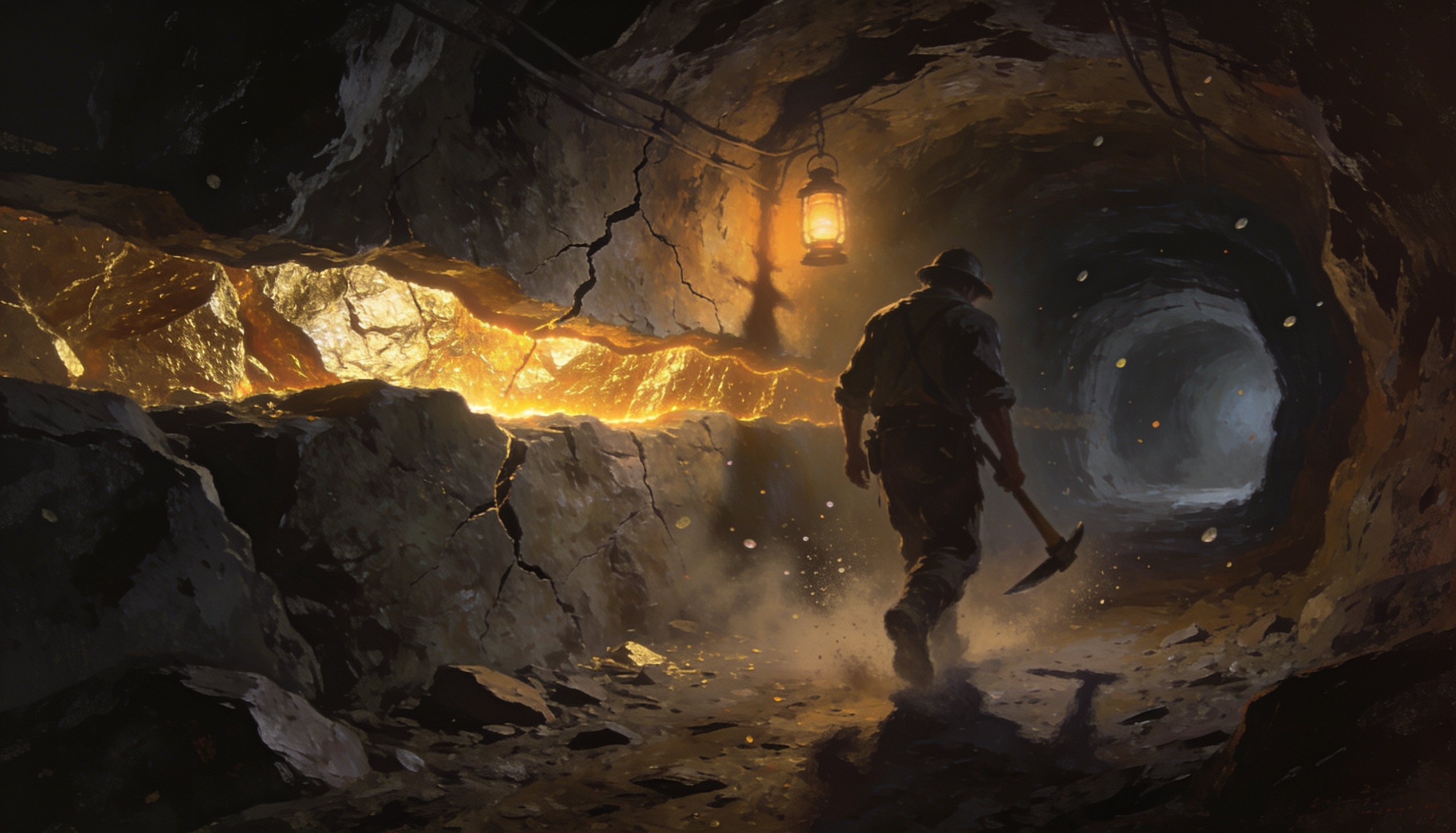 Ilustração dramatica de um minerador exausto abandonando a escavação exatamente três metros antes de atingir um enorme filão de ouro brilhante, representando a metáfora central de Napoleon Hill sobre perseverância: a maioria das pessoas desiste na véspera do sucesso