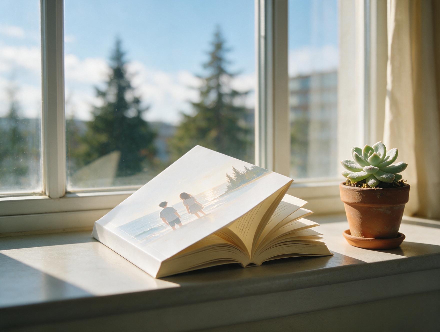 Livro aberto apoiado em uma janela ao lado de uma pequena suculenta, luz suave da tarde, atmosfera aconchegante.