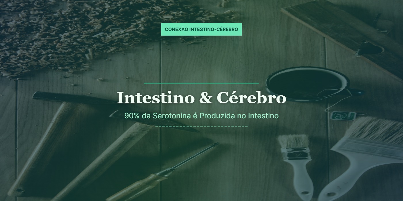 Imagem editorial verde esmeralda com título Intestino e Cérebro: paisagem noturna sob céu estrelado com montanhas, evocando a profundidade da conexão entre o sistema nervoso entérico e o cérebro — 90% da serotonina produzida no intestino