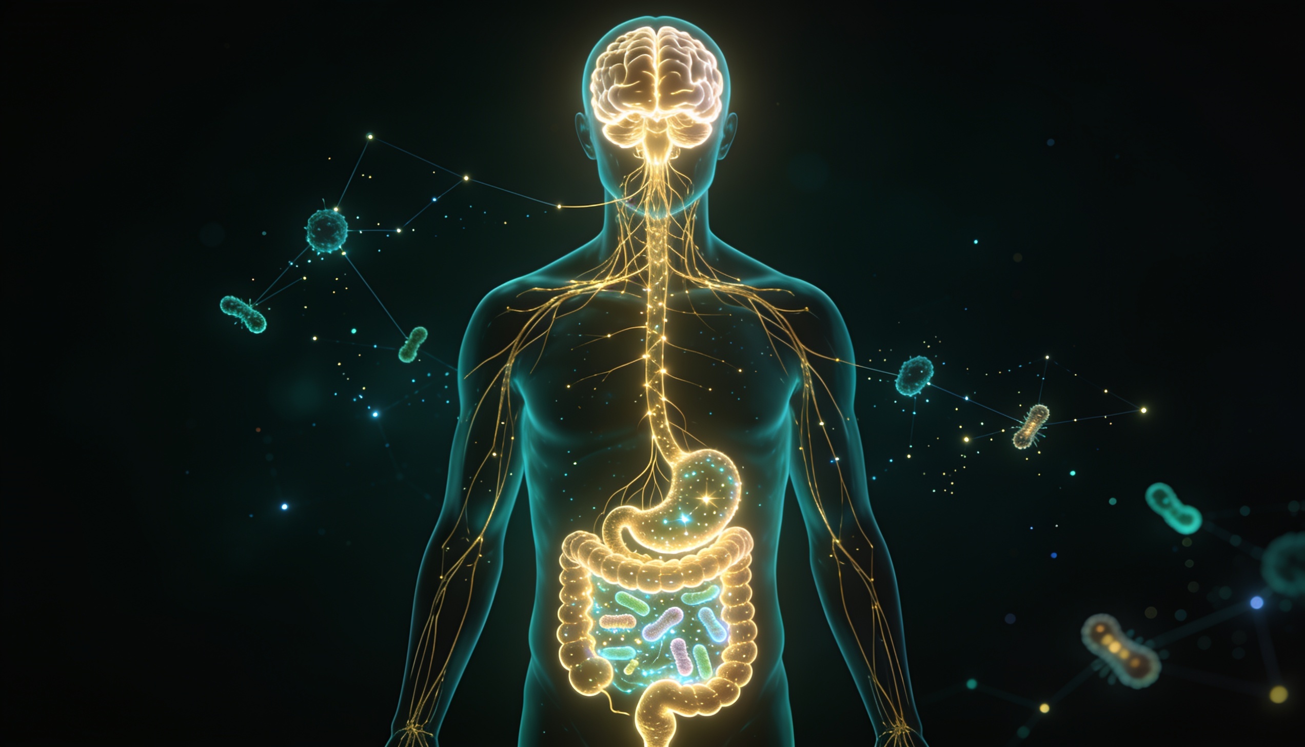 Conexão luminosa dourada entre silhueta do cérebro e intestino humano sobre fundo azul escuro — eixo intestino-cérebro e sistema nervoso entérico
