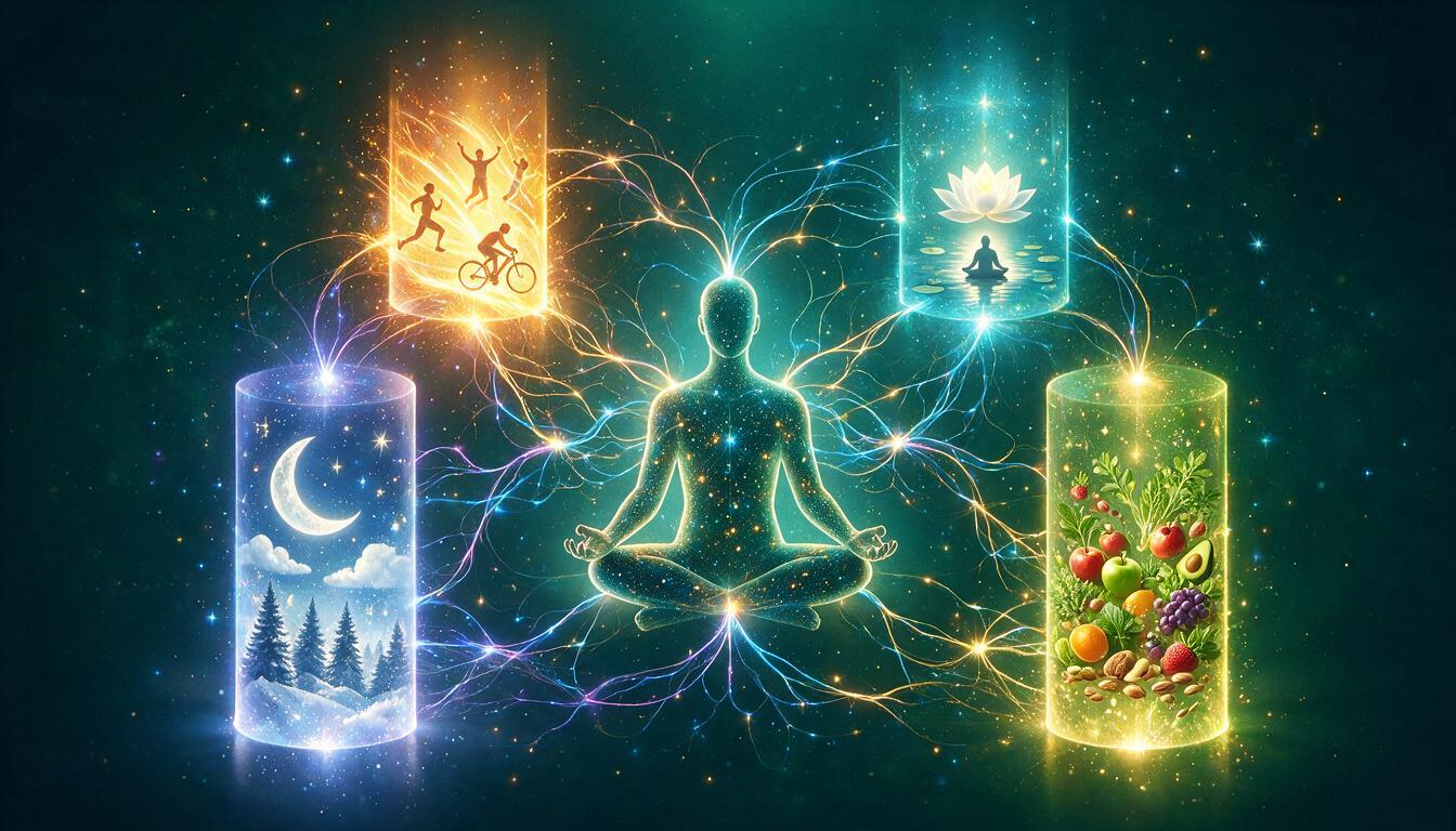 Ilustração editorial com quatro pilares de luz em tons de verde-azulado representando sono, nutrição, exercício e mindfulness, com silhueta humana em meditação ao centro