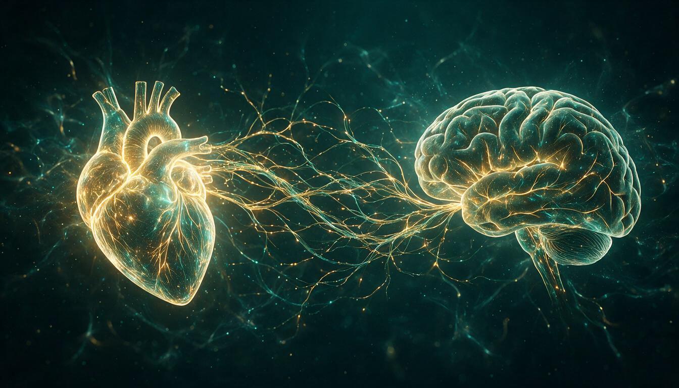 Ilustração editorial de coração luminoso conectado ao cérebro por vias neurais douradas em fundo verde-azulado escuro, representando inteligência emocional