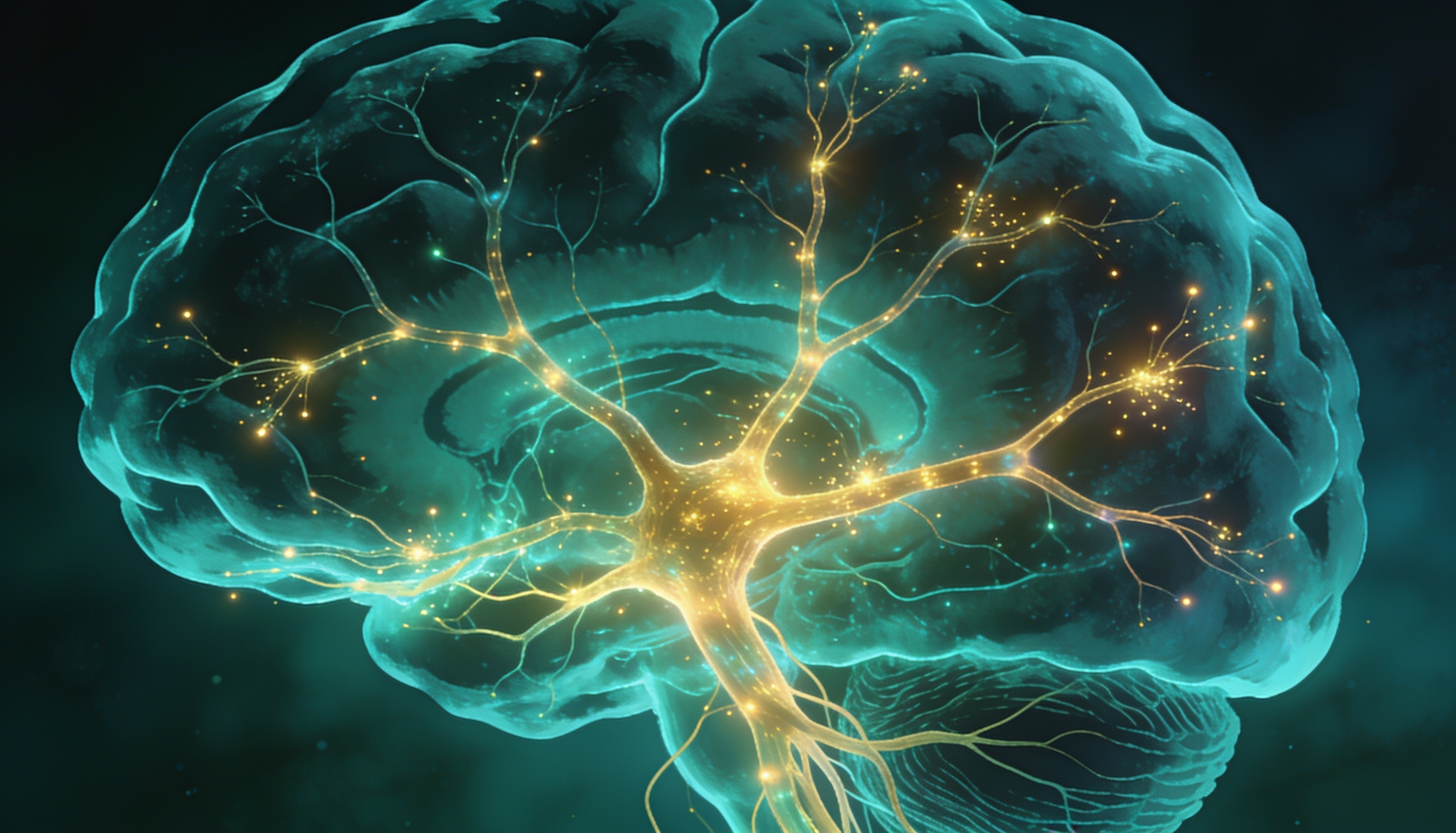 Imagem editorial teal esmeralda com título Neuroplasticidade em destaque branco: representa as conexões neurais luminosas do cérebro humano e a capacidade de criar novas sinapses a cada novo pensamento e experiência
