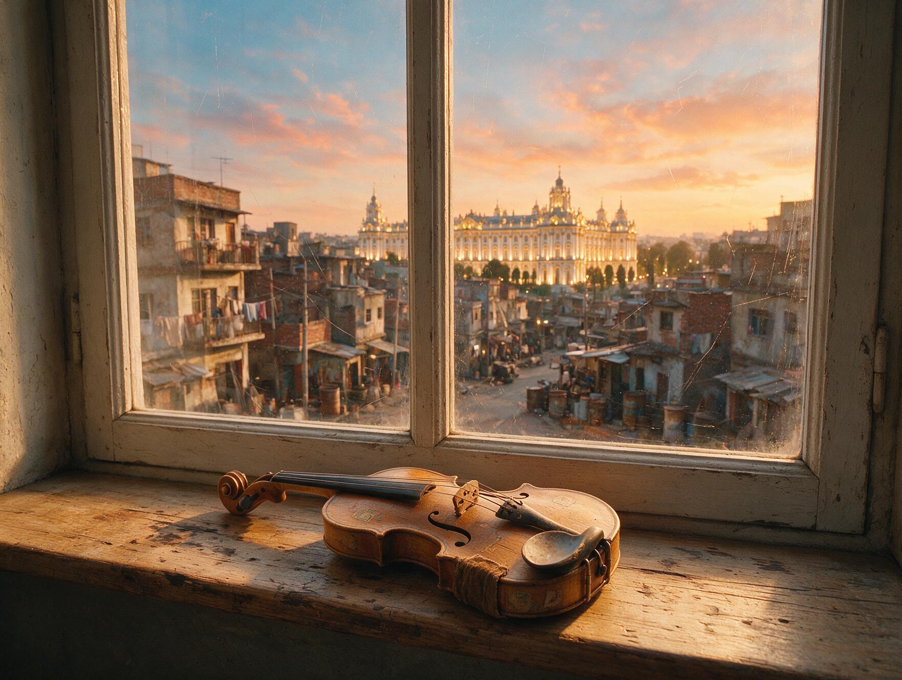 Pequeno violino desgastado apoiado numa soleira de janela com vista pra uma rua pobre da cidade e um palácio iluminado ao fundo, luz dourada do entardecer, contraste entre pobreza e realeza.