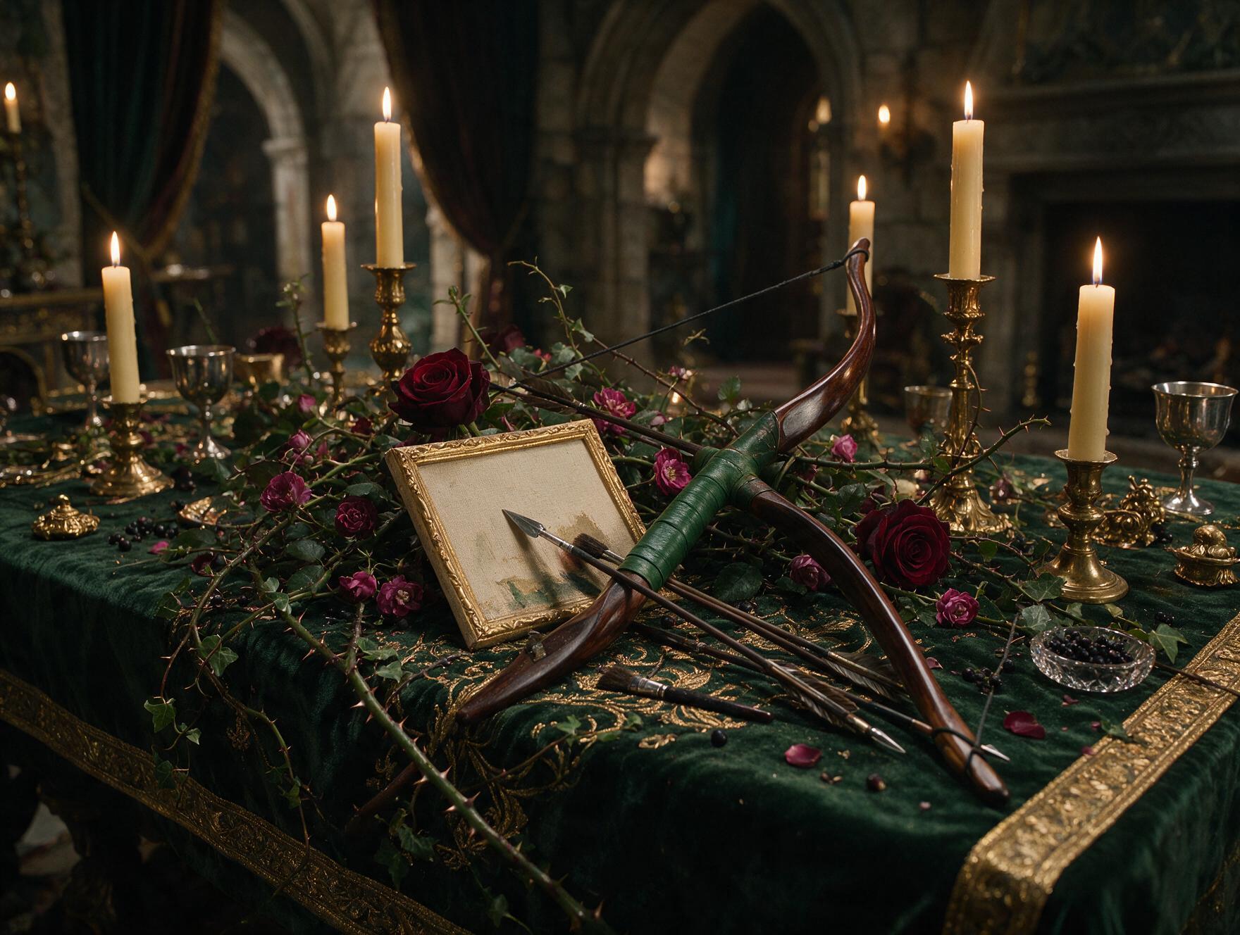 Mesa ornamentada da corte das fadas com arco e flechas, pincéis de pintura e fragmento de tela, rosas espinhosas, luz de vela em atmosfera sombria de fantasia.