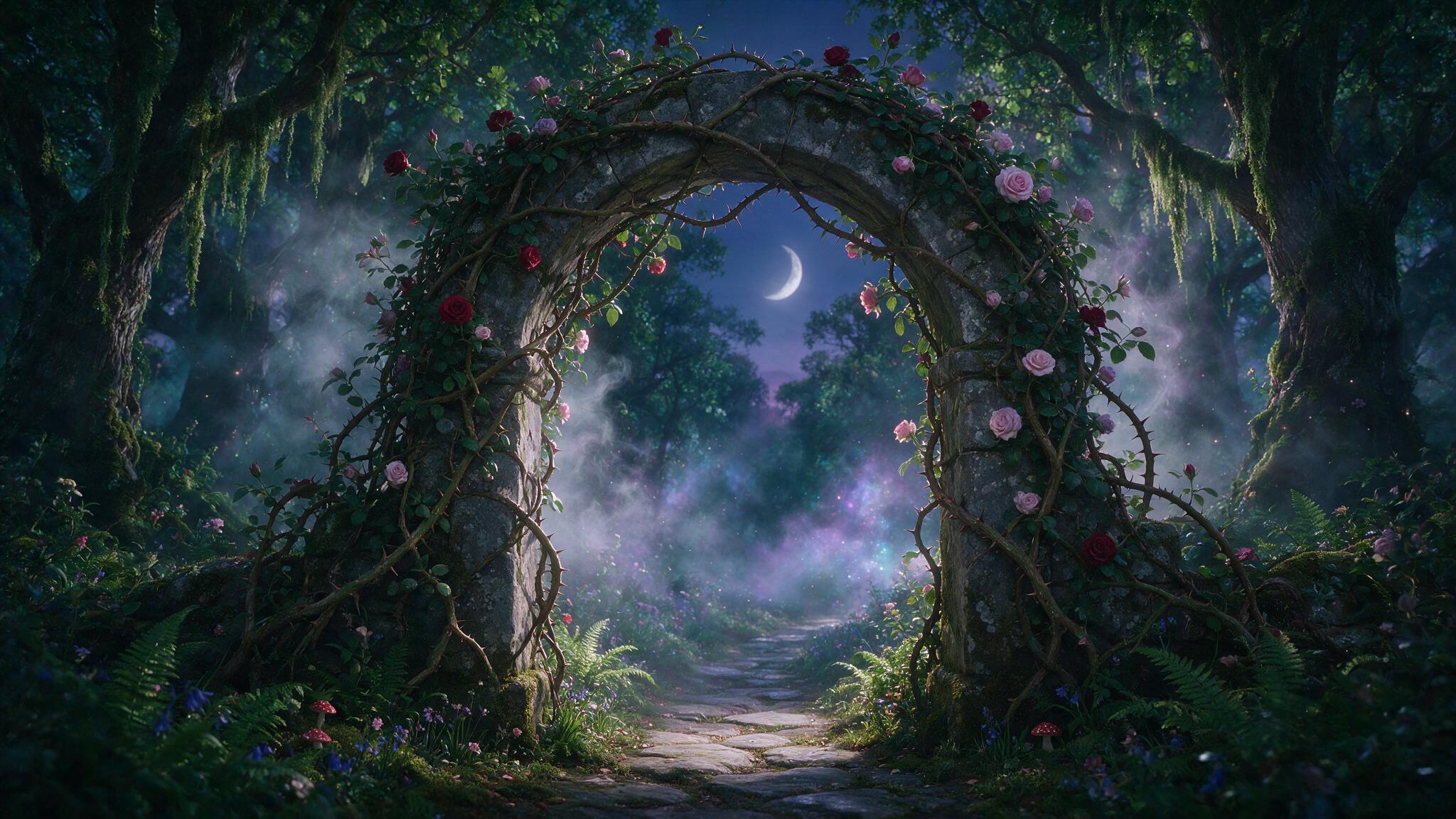 Floresta encantada de fadas ao entardecer, trepadeiras de rosas espinhosas antigas ao redor de um arco de pedra, névoa mágica brilhante em tons esmeralda e violeta.
