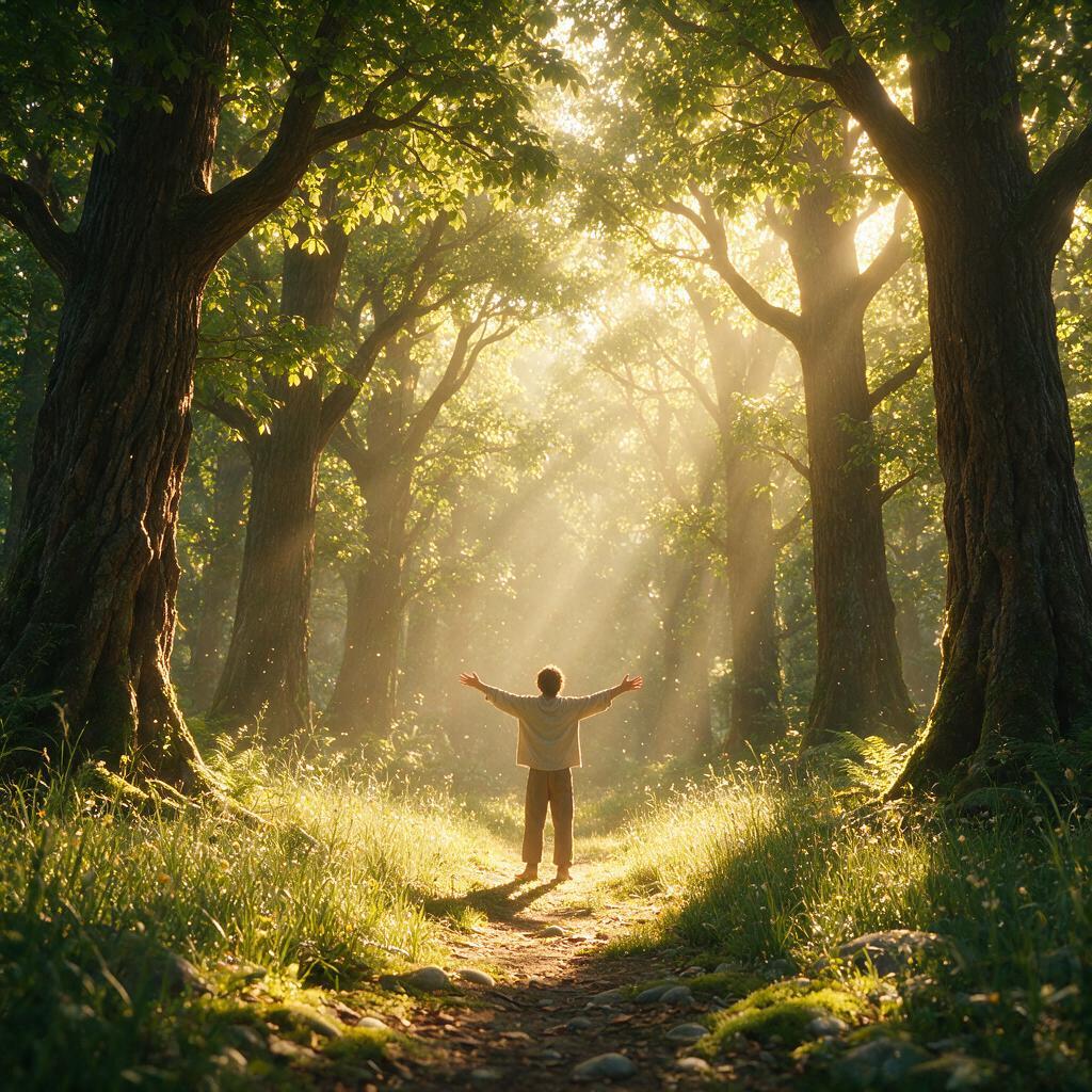 Pessoa de braços abertos em claridade florestal banhada por luz dourada do amanhecer, em estado de presença plena e paz, representando o Agora como única realidade