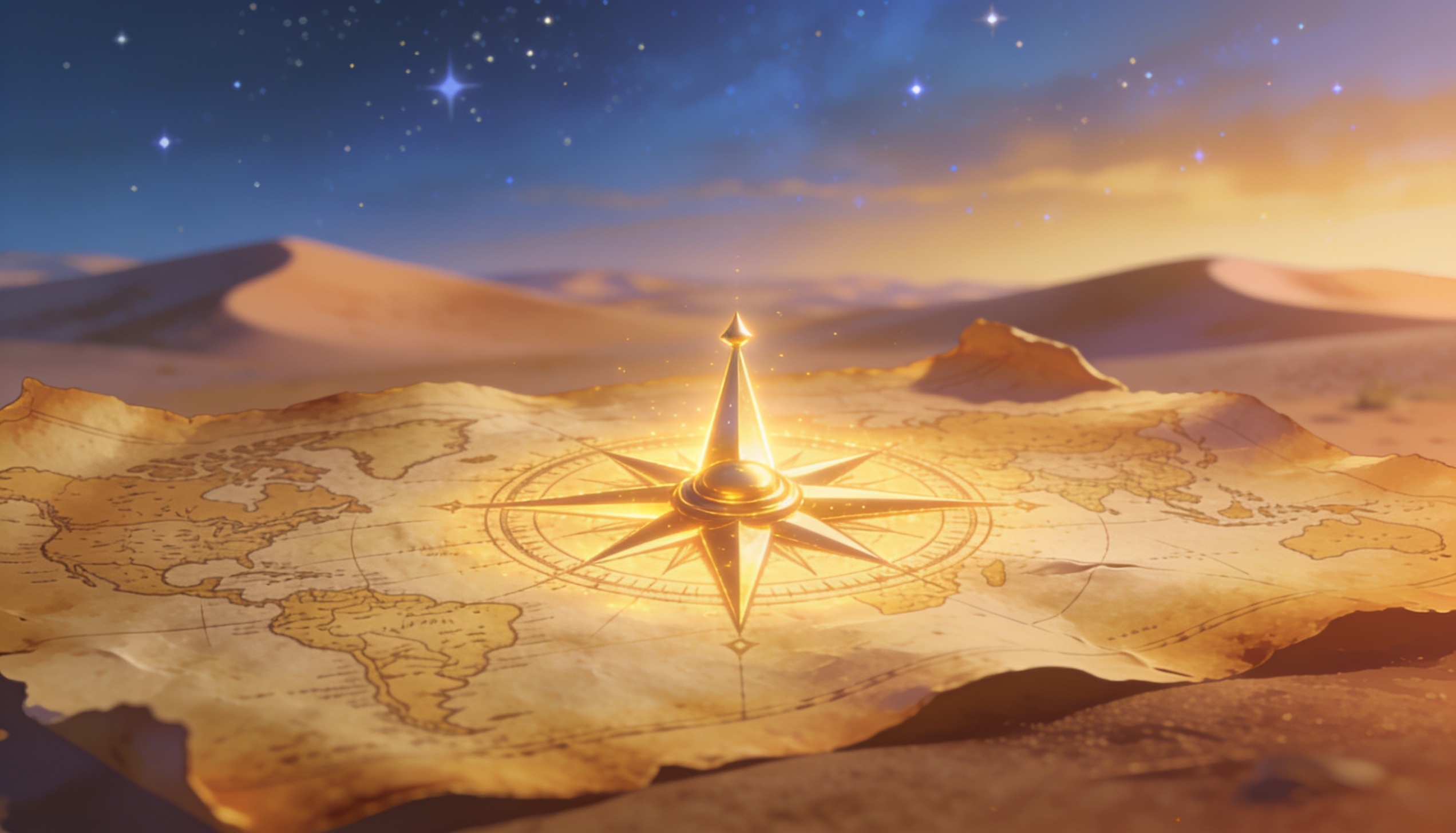 Bússola dourada sobre mapa de pergaminho antigo com dunas de areia e estrelas emergindo — símbolo da Lenda Pessoal