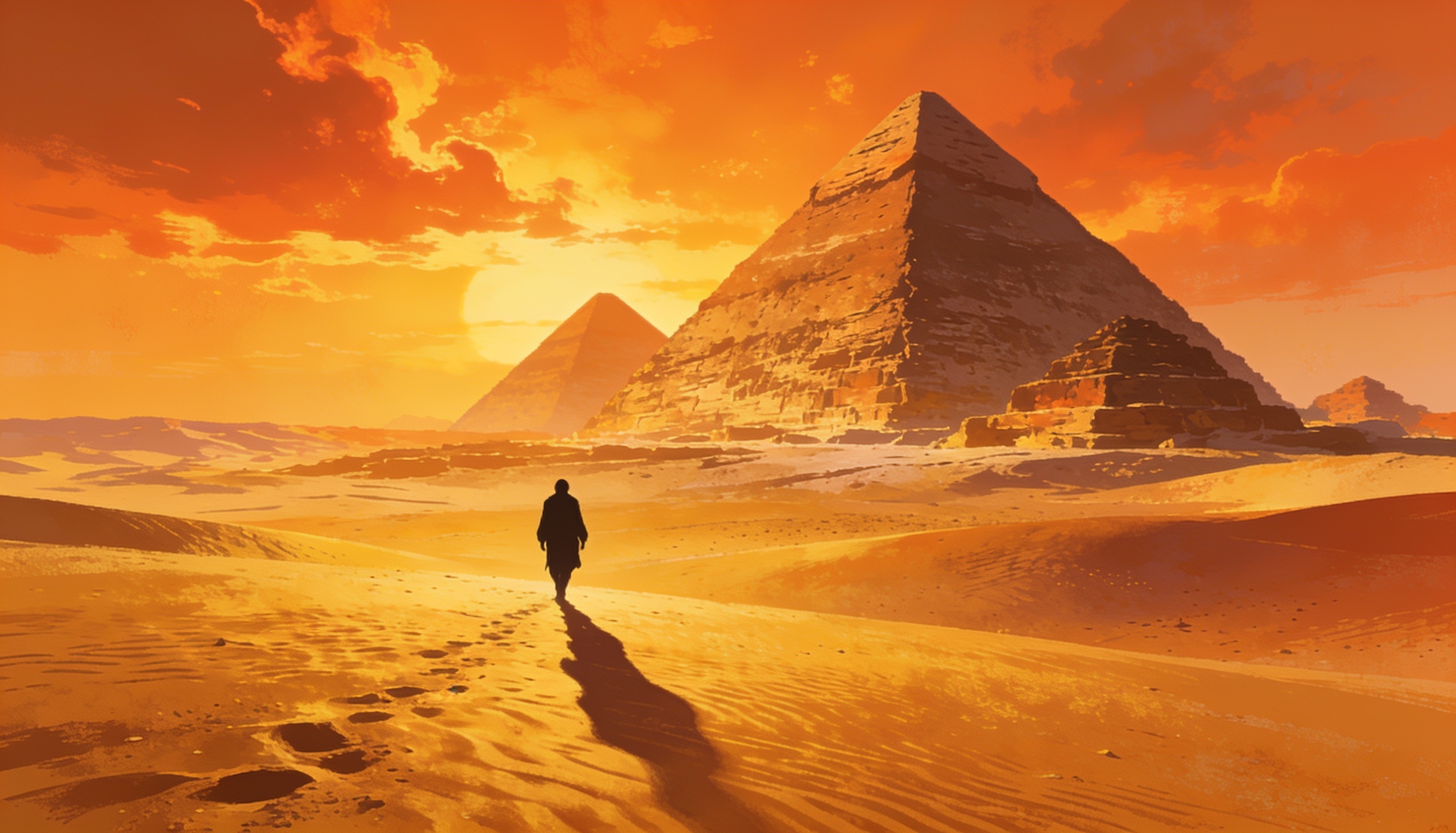 Silhueta de viajante solitário atravessando vasto deserto dourado em direção a pirâmides antigas ao pôr do sol — ilustração editorial para O Alquimista de Paulo Coelho