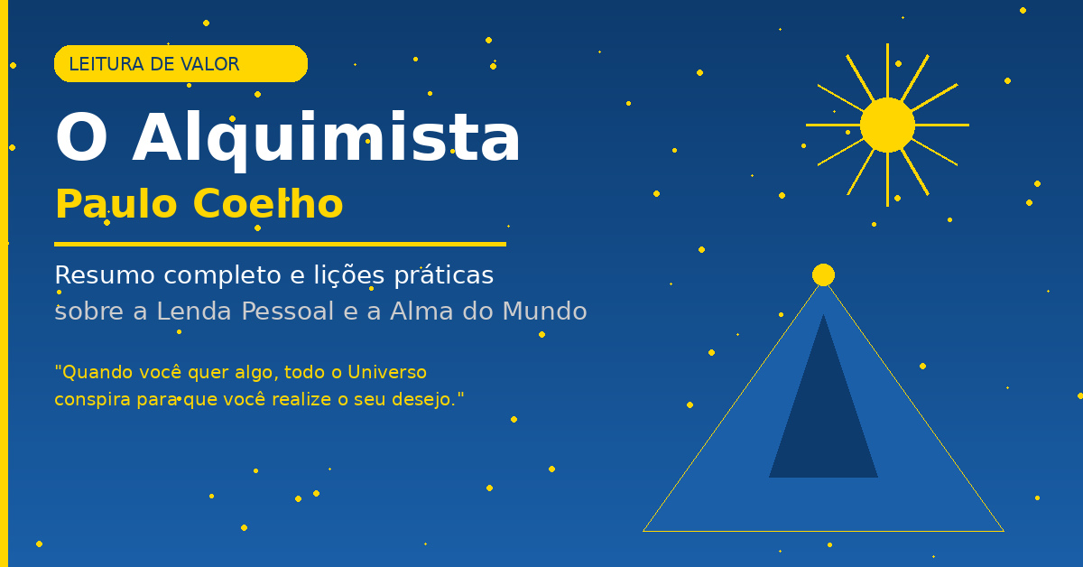 Ilustração editorial de O Alquimista de Paulo Coelho — fundo em gradiente azul escuro com pirâmide dourada, estrelas e sol decorativo, título em dourado e branco com badge Leitura de Valor