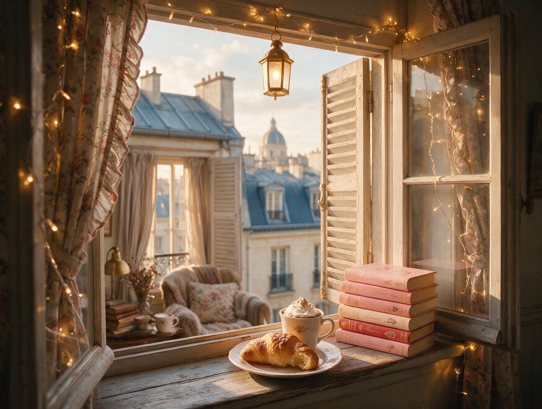 Janela de dormitório parisiense com vista dos telhados da cidade, livros de romance na soleira, croissant e chocolate quente, luz suave da manhã.
