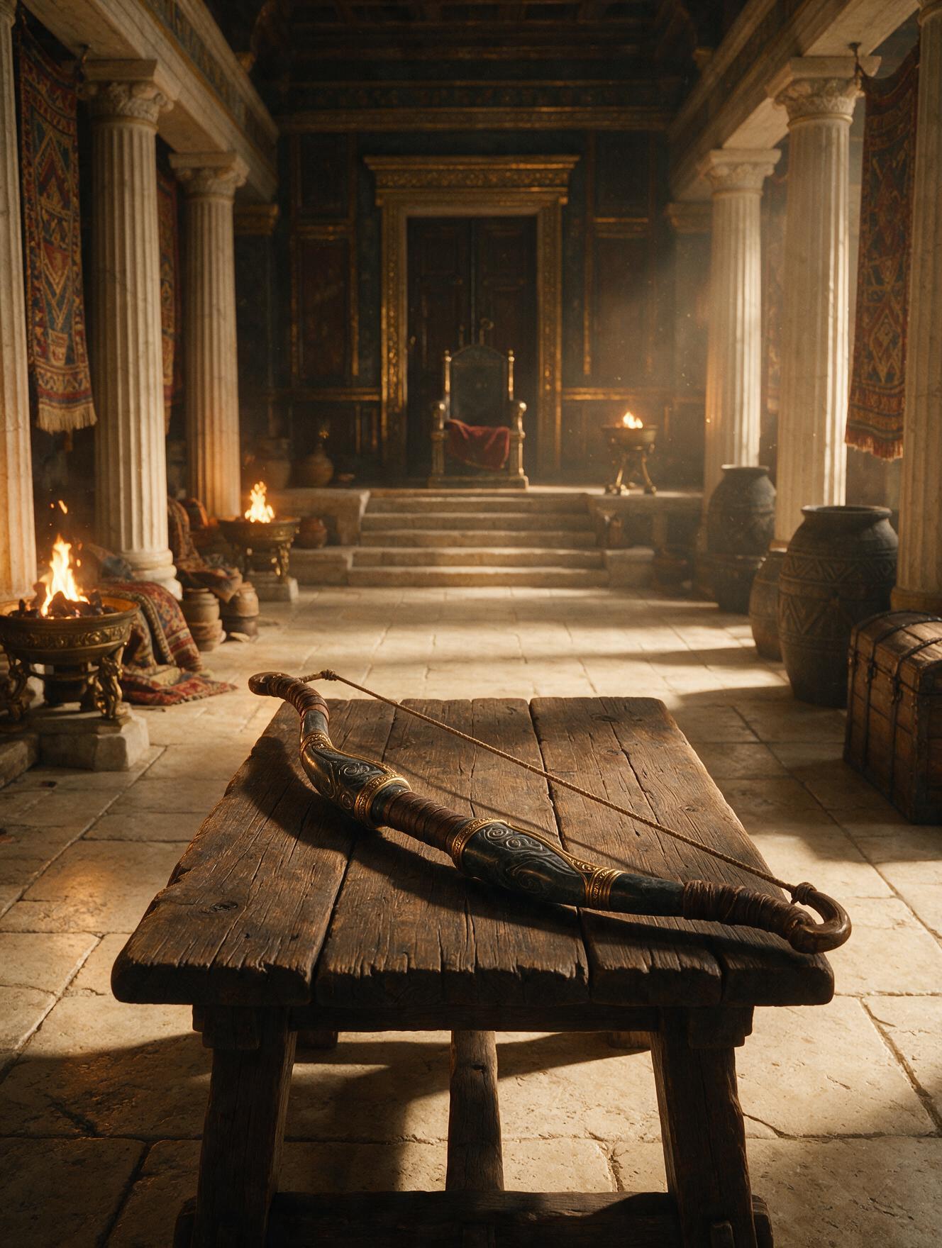 Grande salão do palácio de Ítaca com um arco de caça sobre a mesa, trono vazio ao fundo