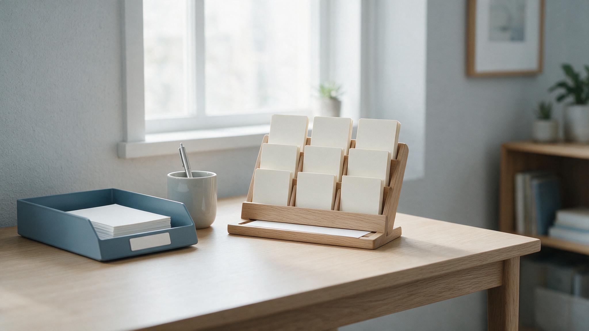 Mesa minimalista organizada com bandeja de entrada rotulada, caneta e fichas organizadas, simbolizando clareza mental e produtividade sem estresse