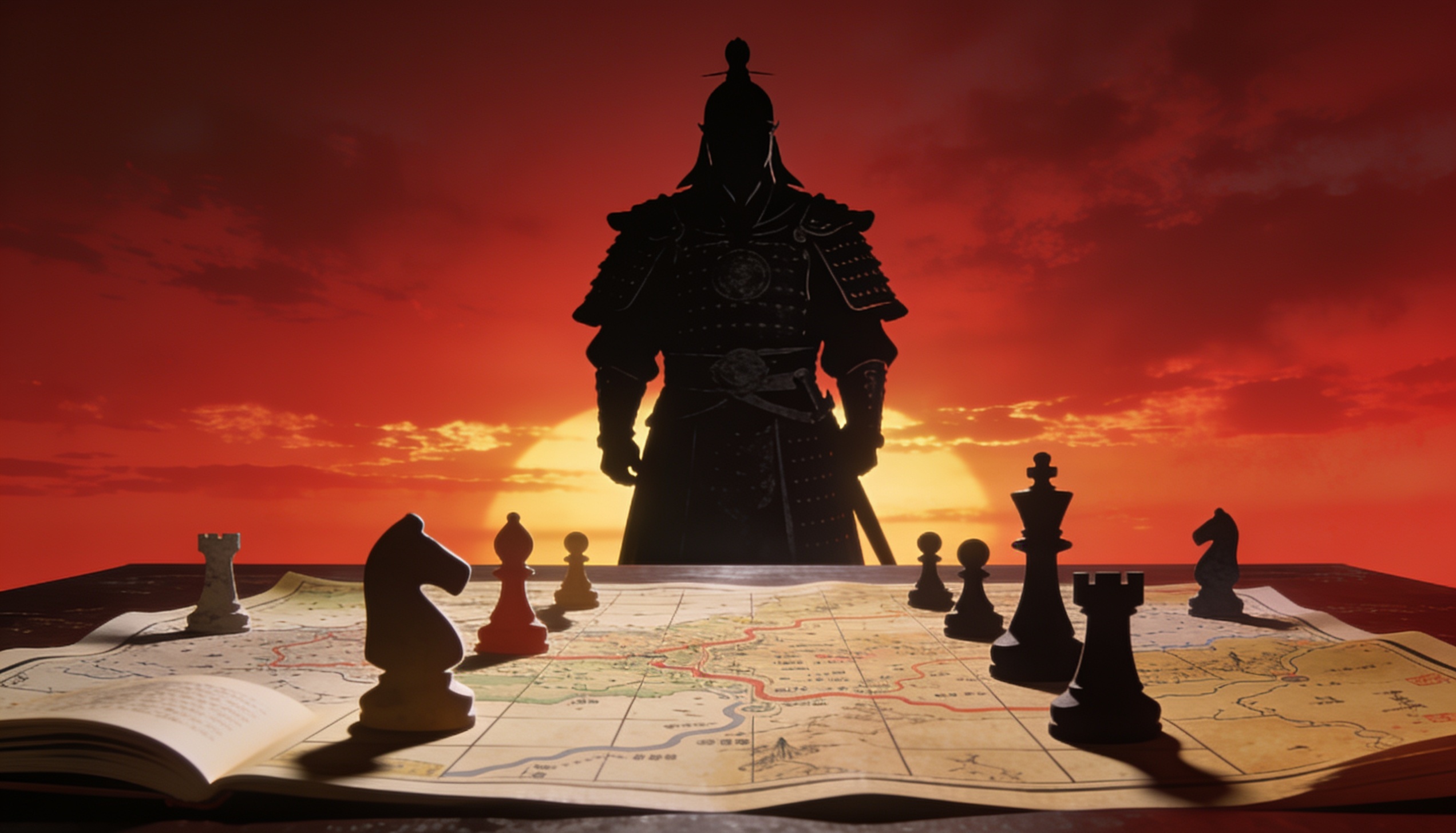 Silhueta de general chinês em armadura negra contra pôr do sol carmesim e dourado, mapa de guerra com peças estratégicas em primeiro plano — ilustração editorial para A Arte da Guerra de Sun Tzu