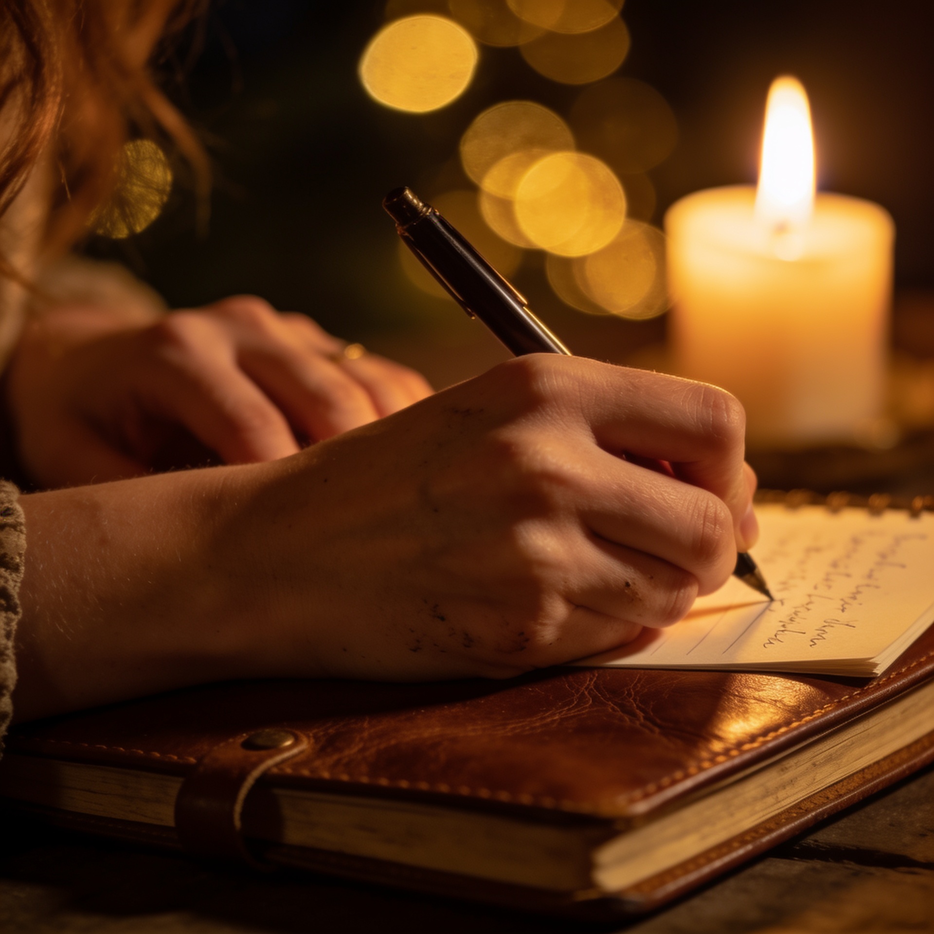 Mãos femininas escrevendo em diário de couro à luz de velas douradas representando o ato sagrado de escrever afirmações