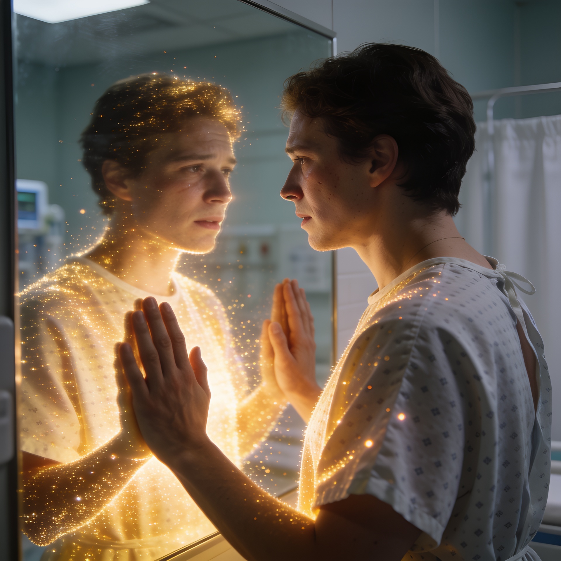 Pessoa com mãos no espelho vendo reflexo curado e radiante em luz dourada representando a cura através do subconsciente