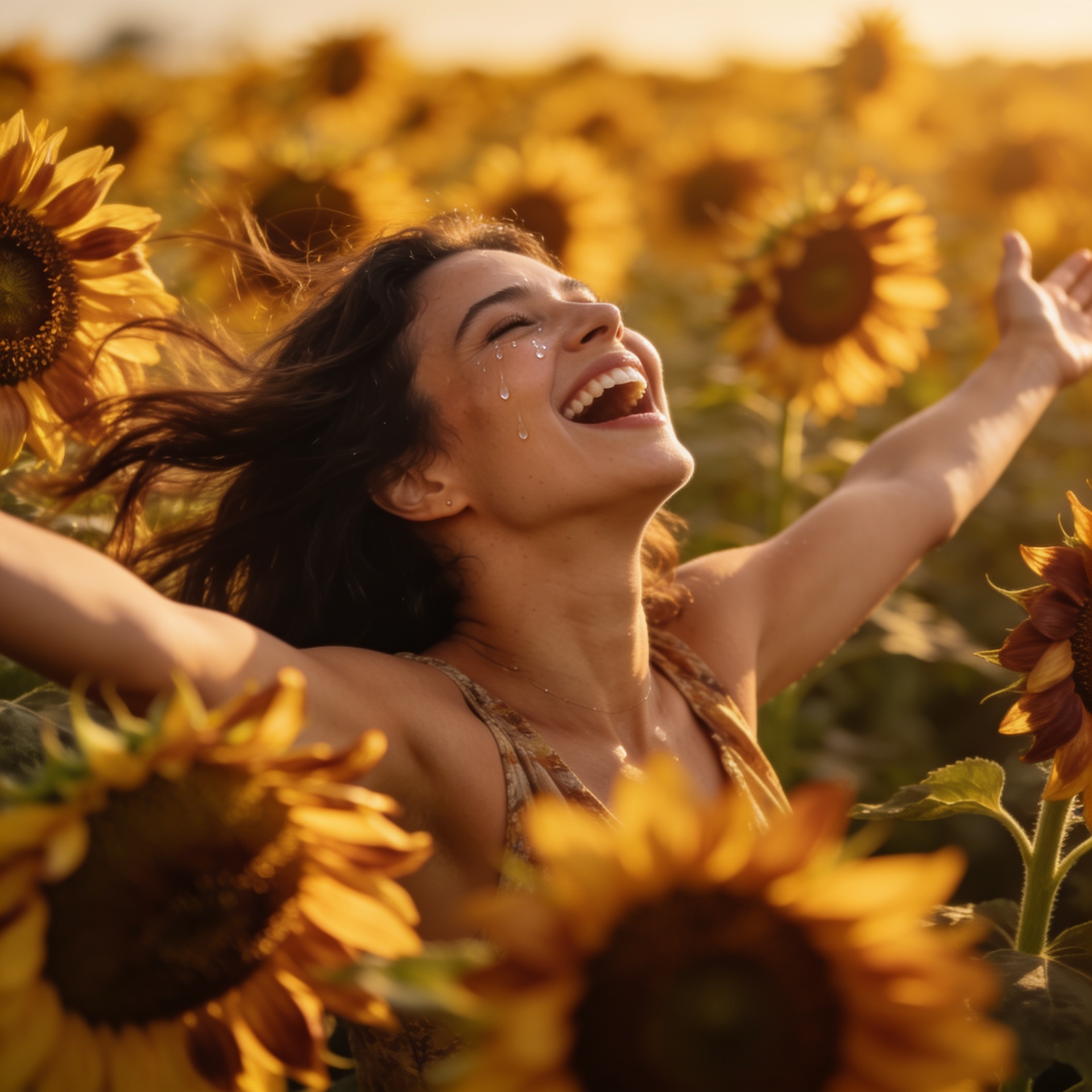 Mulher rindo livremente num campo de girassóis ao pôr do sol com braços abertos em estado de alegria e paz interior plena