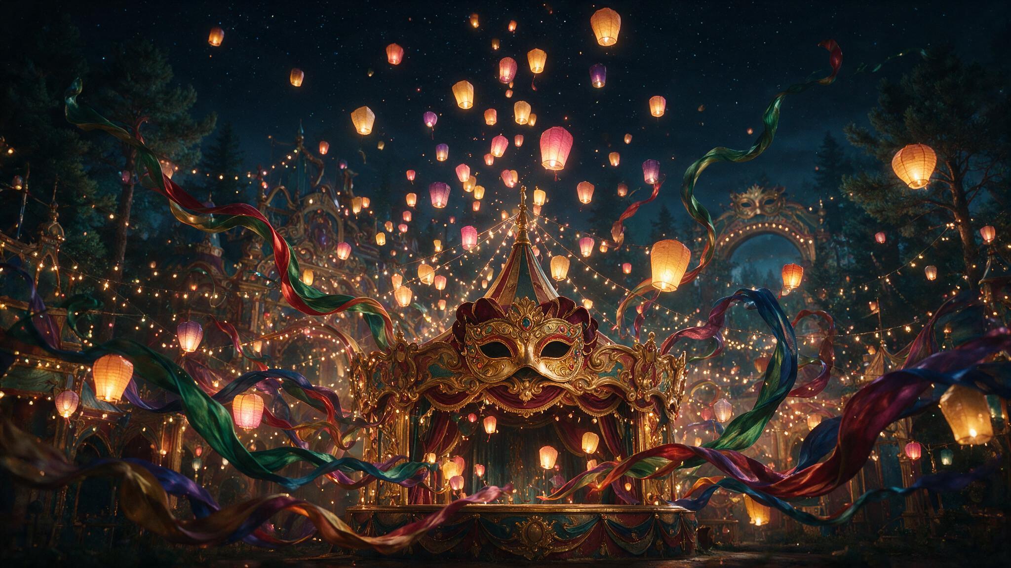 Carnaval mágico à noite com lanternas de papel flutuantes e luzes de fada sobre palco de máscaras ornamentado, fitas de tecido em tons de joia, iluminação cinematográfica de fantasia.