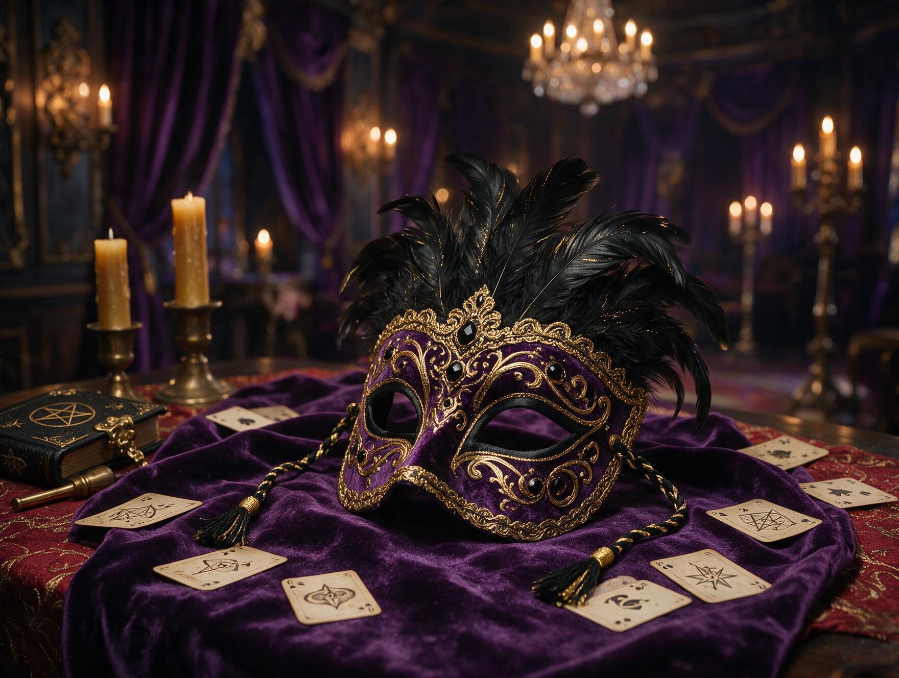 Máscara de máscarada ornamentada sobre tecido de veludo, cartas de baralho místicas espalhadas, luz de vela em tons púrpura e dourado, atmosfera mágica.