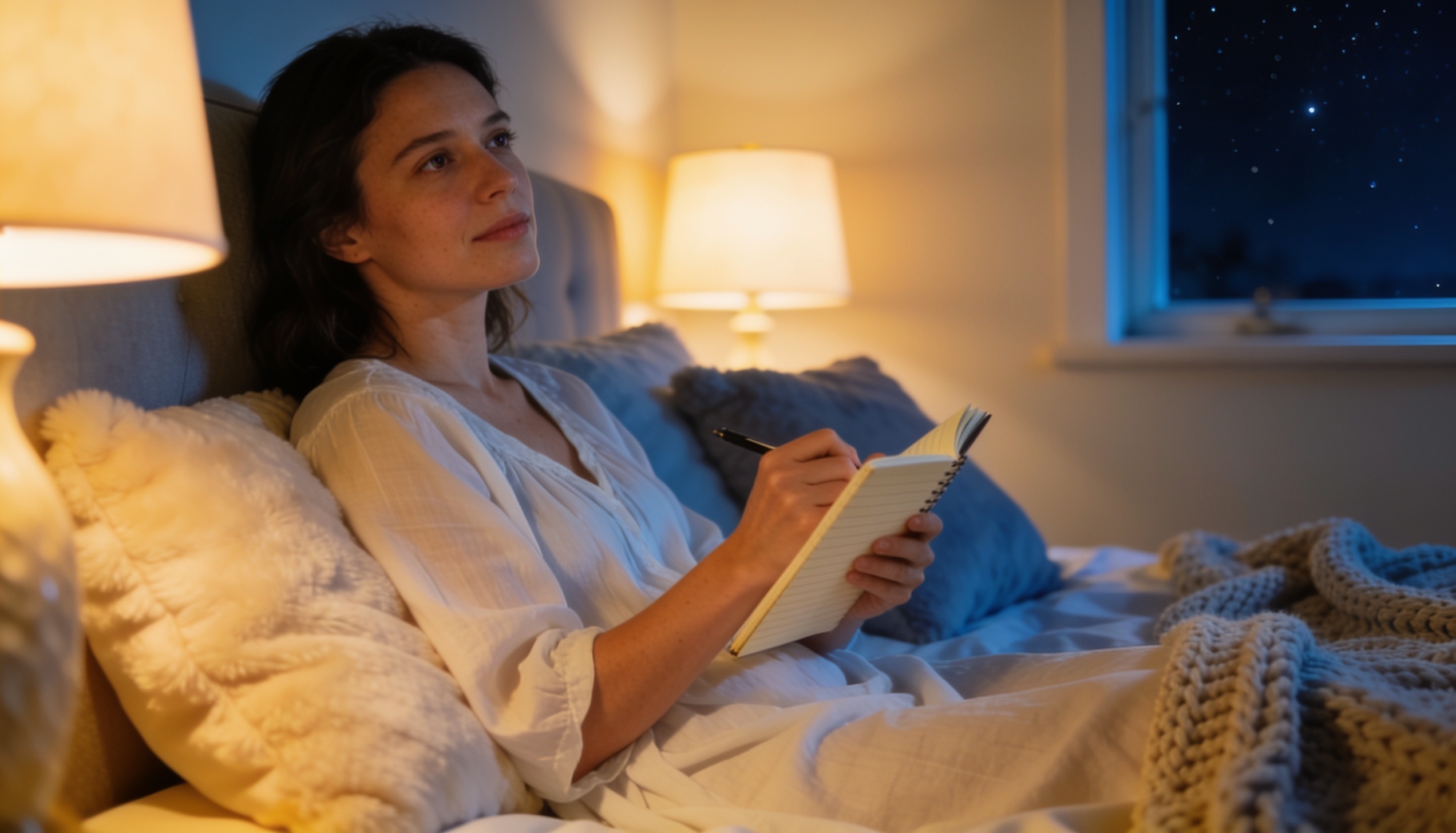 Pessoa escrevendo em diário à noite com luz de abajur, expressão calma e aliviada — técnica de Carnegie para ansiedade noturna