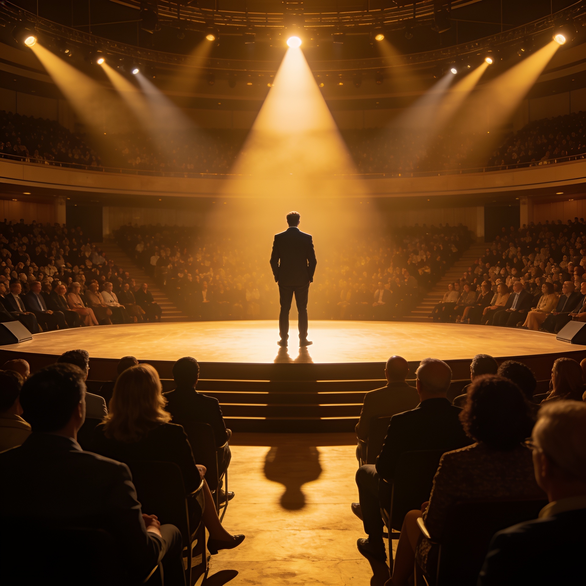Palestrante confiante no palco de um grande auditório lotado, sob holofote, com centenas de pessoas na plateia — a arte de falar em público ensinada por Dale Carnegie