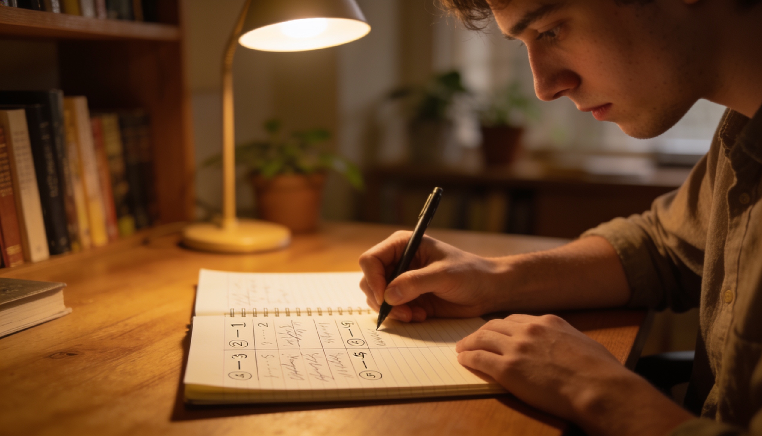 Pessoa escrevendo em caderno com expressão focada, resolvendo problemas passo a passo — a fórmula Willis Carrier de Dale Carnegie