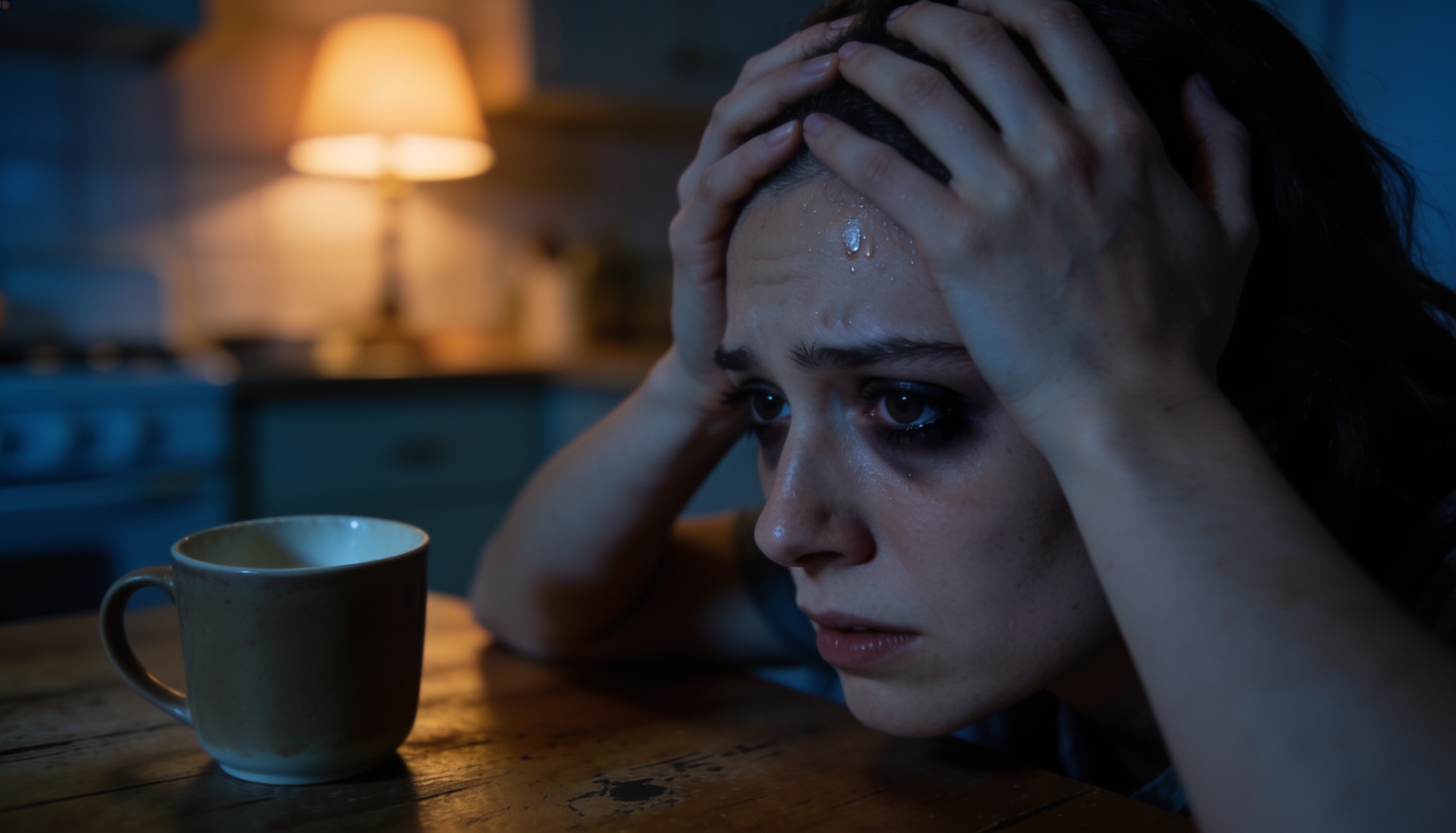Pessoa sentada sozinha à mesa de madrugada com as mãos na cabeça, expressão de preocupação e estresse intenso — a preocupação crônica que Dale Carnegie estudou por 35 anos