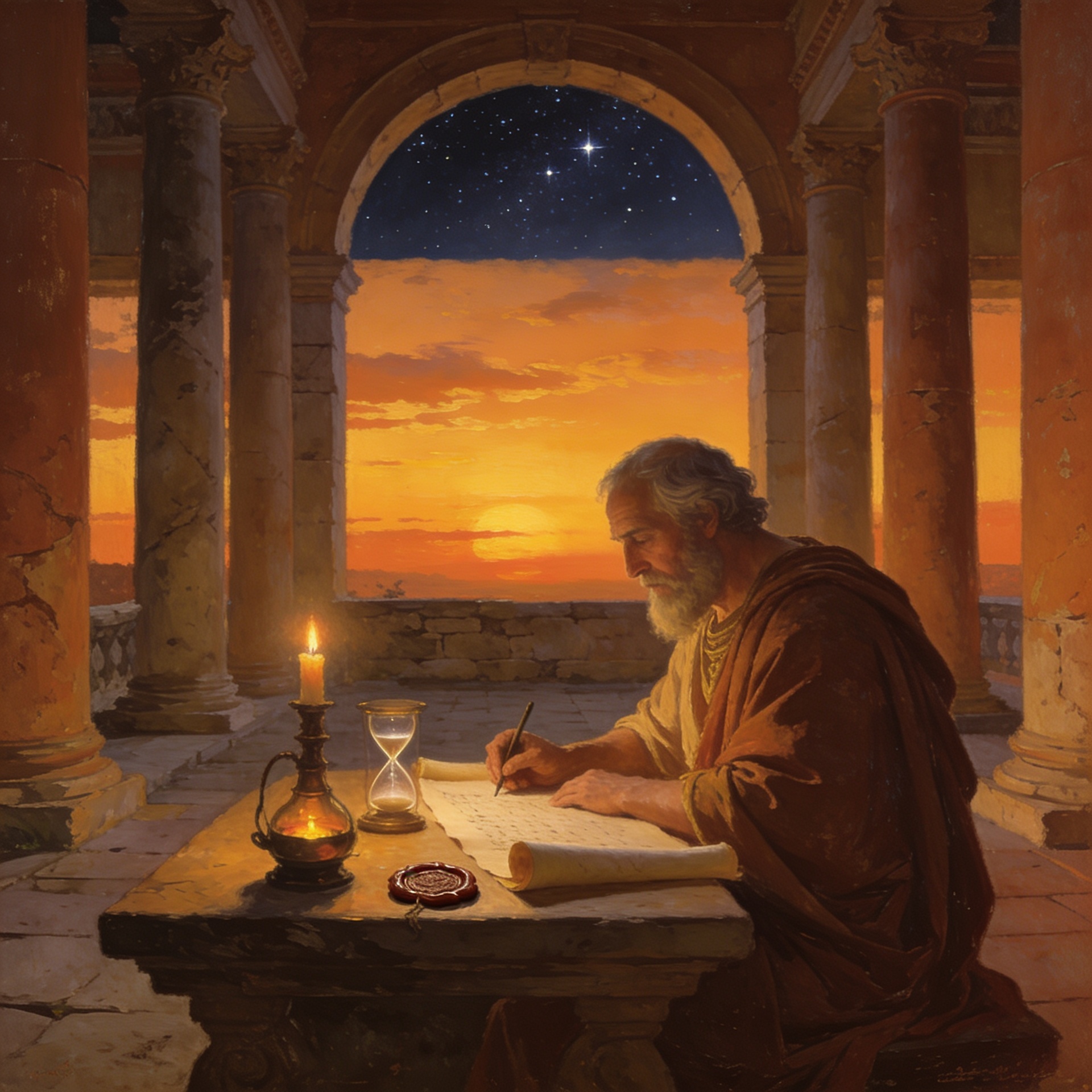 Filósofo romano ao pôr do sol em pátio com colunas, escrevendo à luz de uma vela em pergaminho com ampulheta e lacre sobre a mesa
