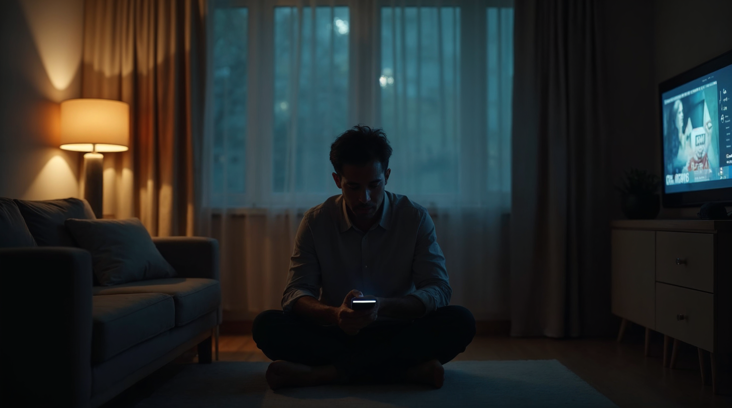 Homem distraído pelo celular e televisão em apartamento moderno — representação das tentações cotidianas do livro de C.S. Lewis