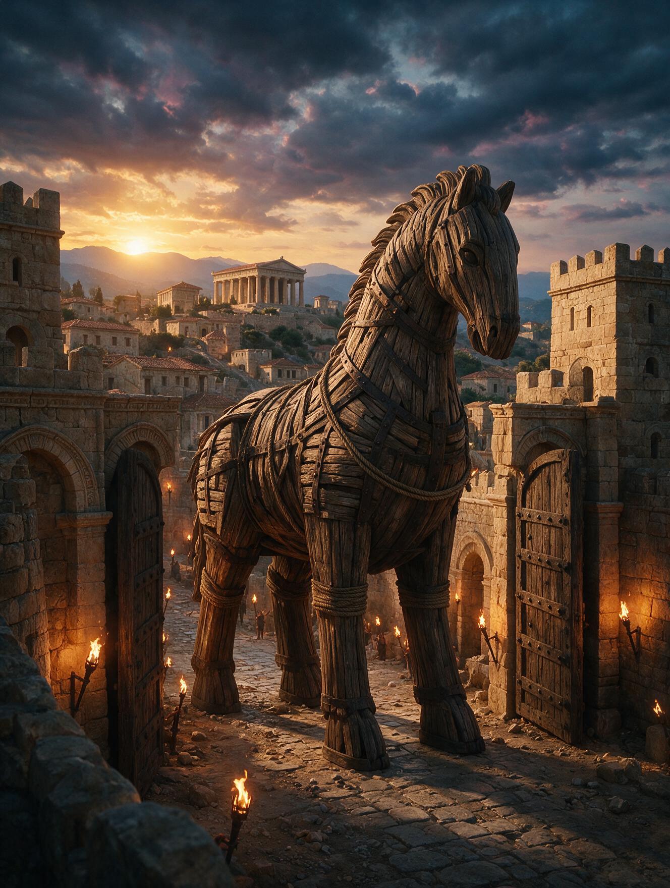 O Cavalo de Troia sendo levado através dos portões da cidade ao anoitecer