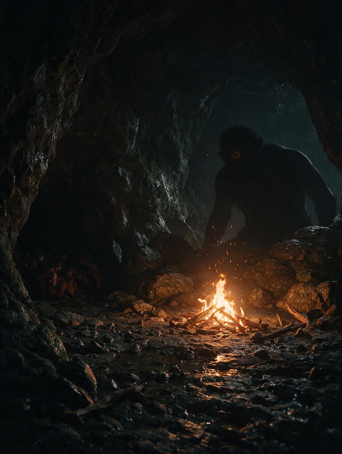 Silhueta de um ciclope gigante em uma caverna à beira-mar, iluminada por fogueira