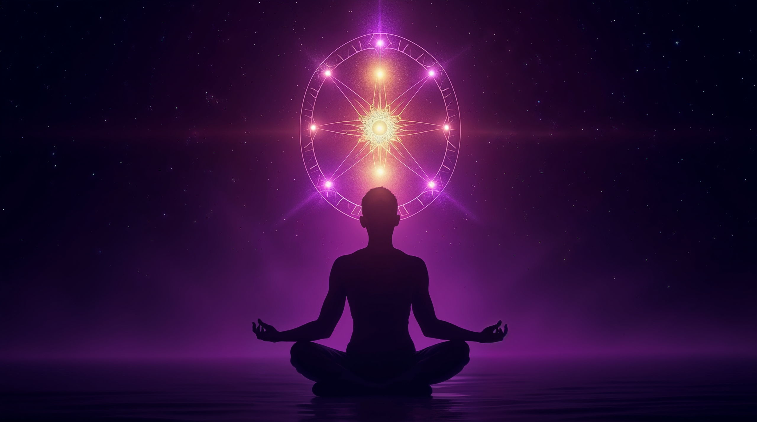 Silhueta humana em meditação com sete centros de energia luminosos em espectro dourado e violeta sobre fundo cósmico escuro, representando o alinhamento espiritual das sete leis de Deepak Chopra