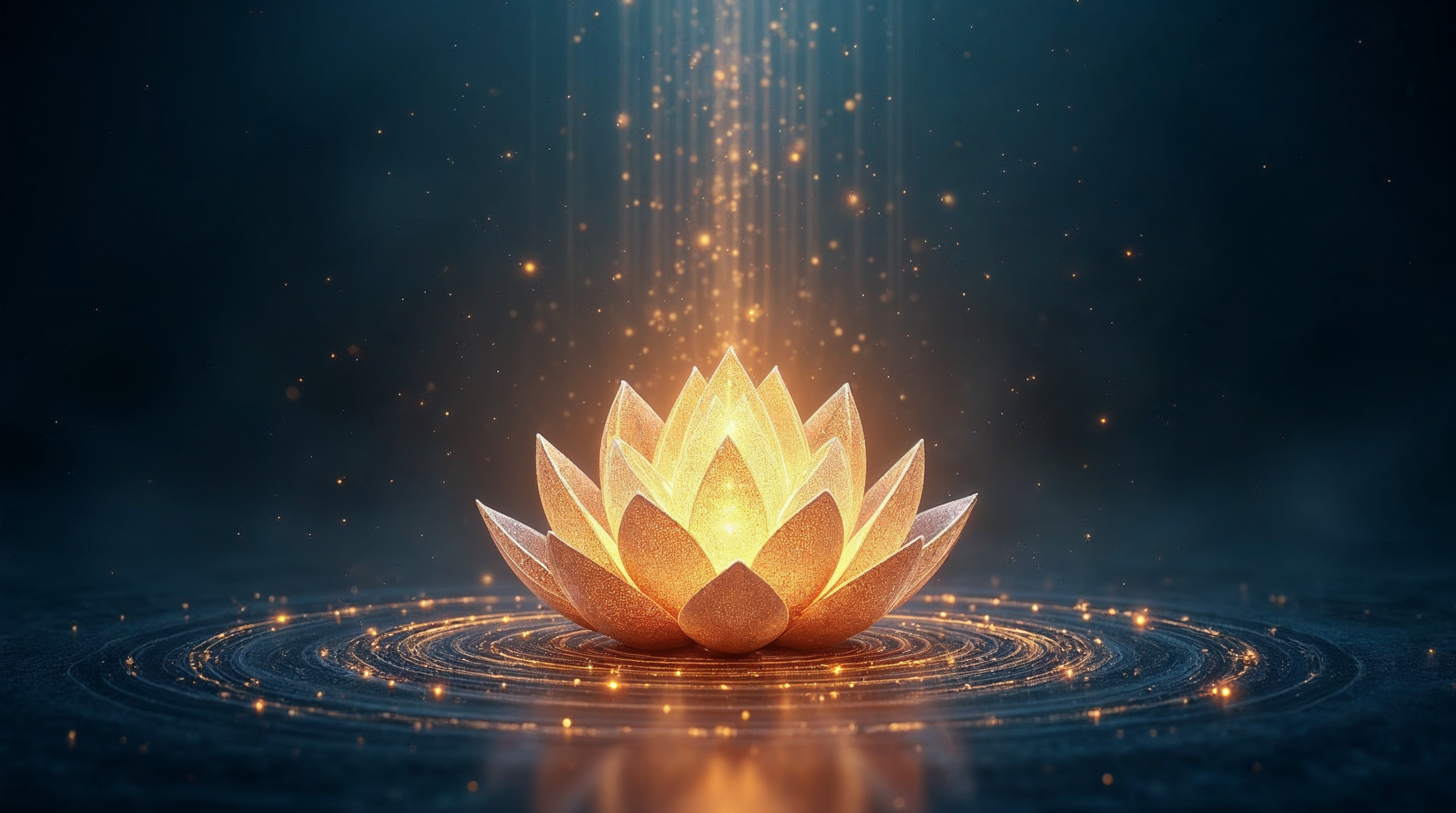 L3otus dourada florescendo ao centro com anéis de geometria sagrada e raios de energia âmbar e dourada irradiando para o cosmos, representando o dharma e o propósito de vida segundo Deepak Chopra