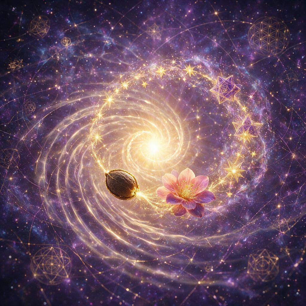 Espiral cósmica luminosa dourada e âmbar representando o ciclo eterno de ação e consequência, simbolizando a lei do karma de Deepak Chopra
