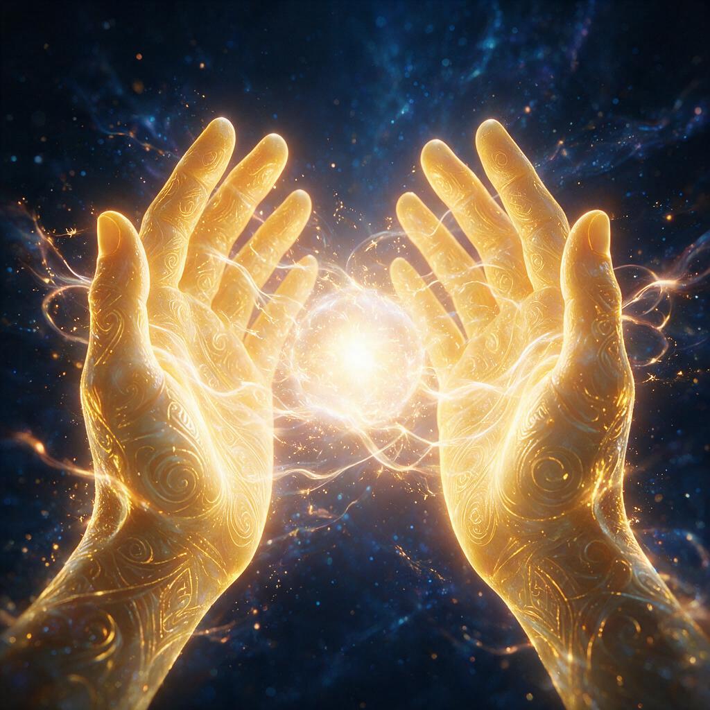 Figura etérea de luz dourada estendendo as mãos abertas em gesto de oferta e recebimento, com pétalas luminosas ao redor, representando a lei do dar e receber de Deepak Chopra