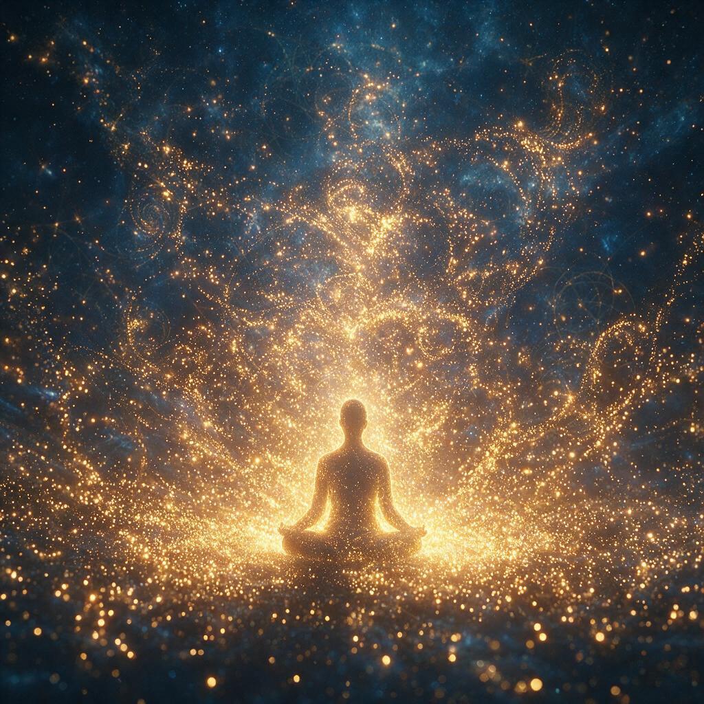 Silhueta meditativa se dissolvendo em campo luminoso dourado de consciência pura e possibilidades infinitas, representando a lei da potencialidade pura de Deepak Chopra