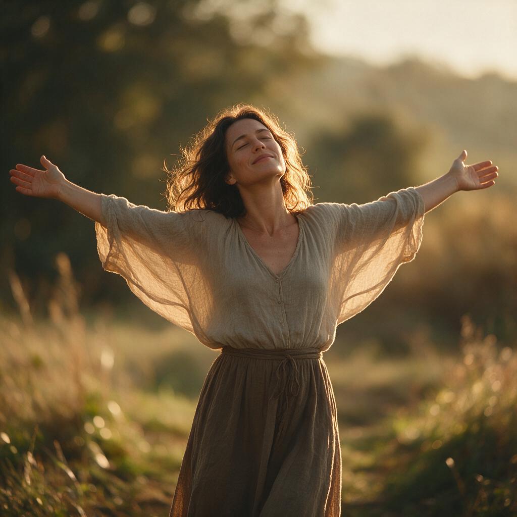 Mulher de braços abertos em luz dourada, expressão de confiança e autenticidade, representando a coragem de ser imperfeito e abraçar a vulnerabilidade segundo Brené Brown