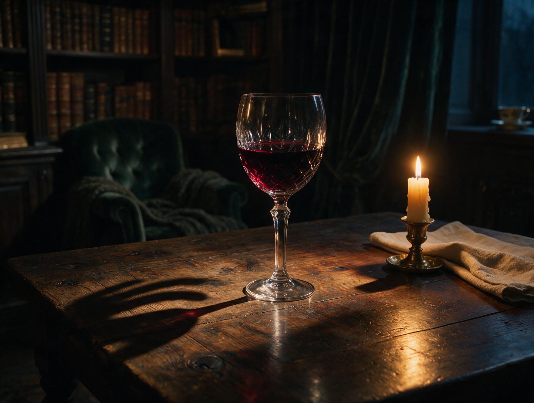 Taça de vinho tinto sobre mesa de madeira antiga ao lado de uma vela quase apagada, sombra alongada como uma presença sussurrante