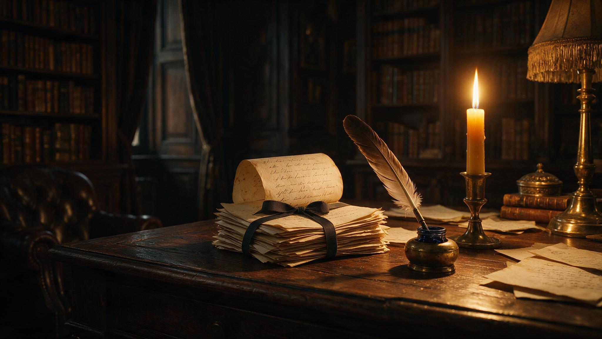 Pilha de cartas manuscritas amarradas com fita escura sobre mesa antiga, pena ornamentada e tinteiro, vela acesa com chama dramática, estante de livros ao fundo