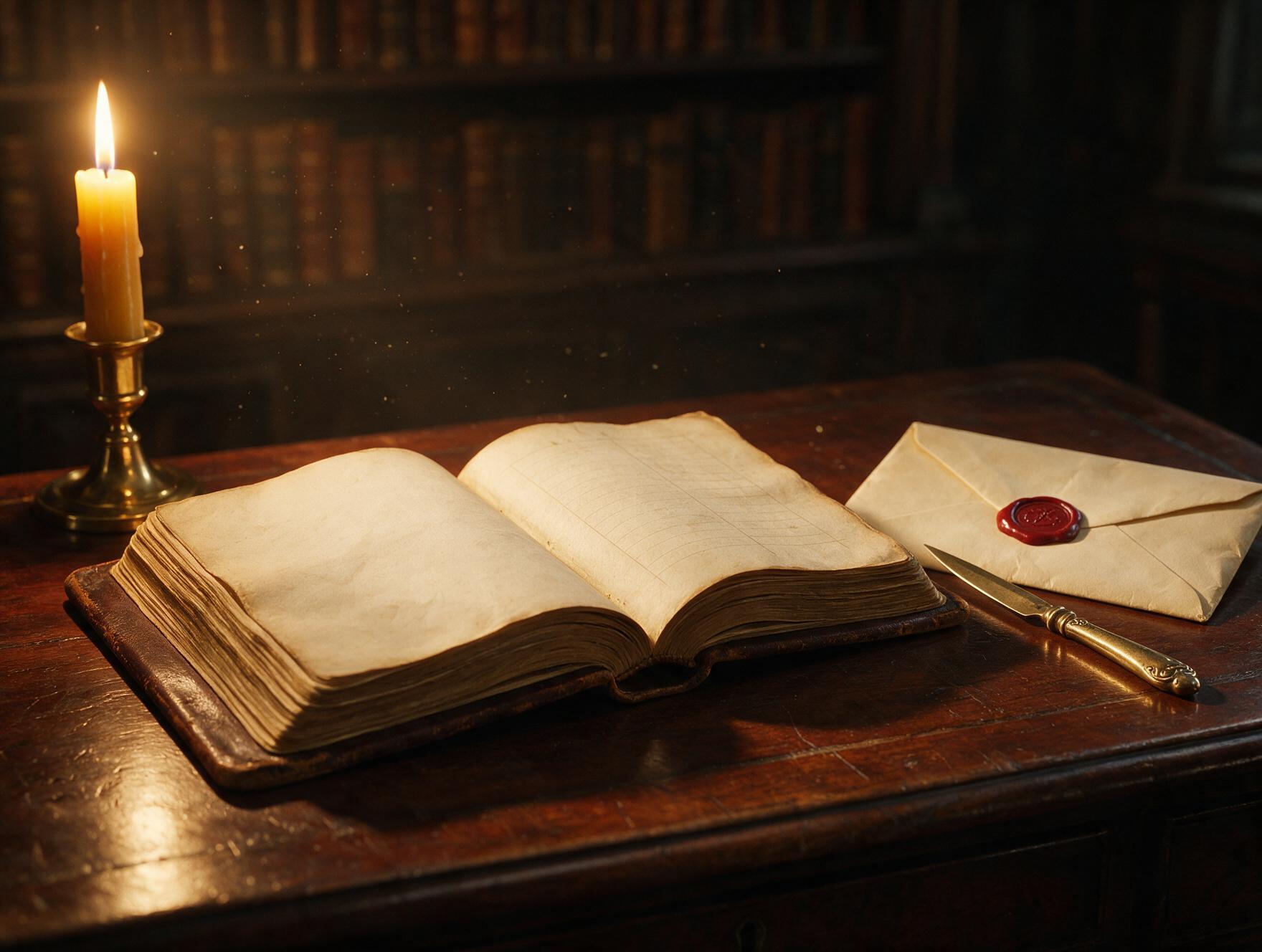 Livro-razão de couro antigo aberto sobre mesa de mogno, envelope lacrado com cera vermelha, abridor de cartas de latão, luz de vela dramática